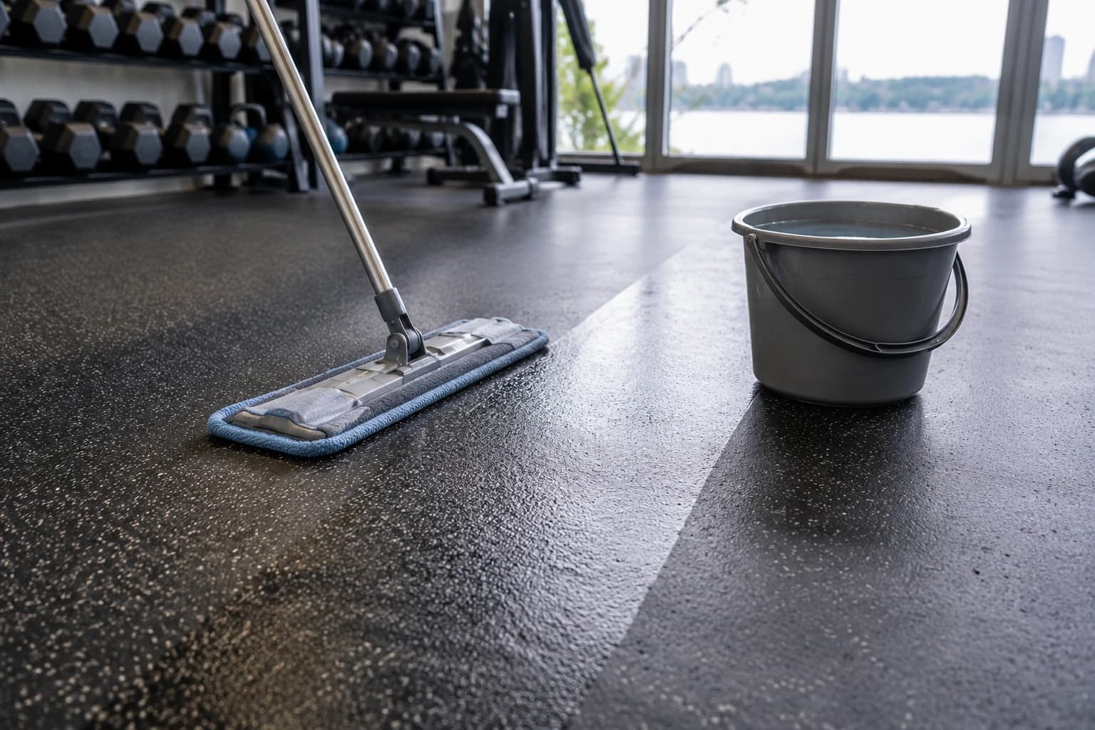 Damp mopping a rubber gym floor with clean water, leaving an even satin sheen in a bright Vancouver fitness studio
