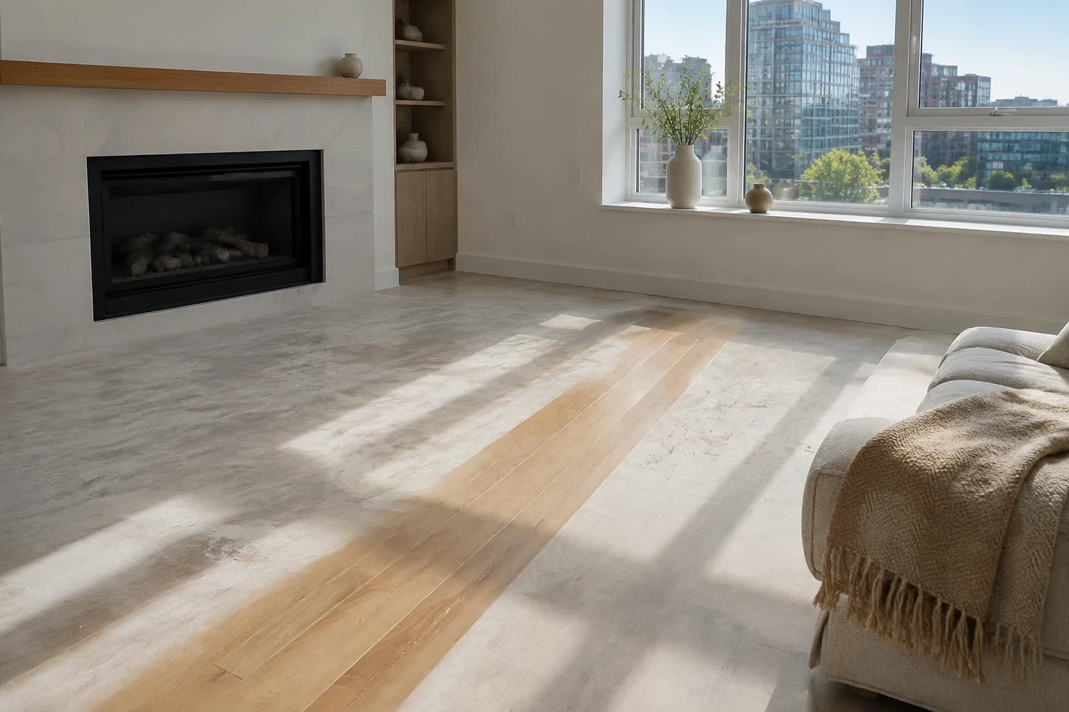 Construction dust film across a newly renovated Vancouver condo floor with one wiped-clear stripe of clean hardwood