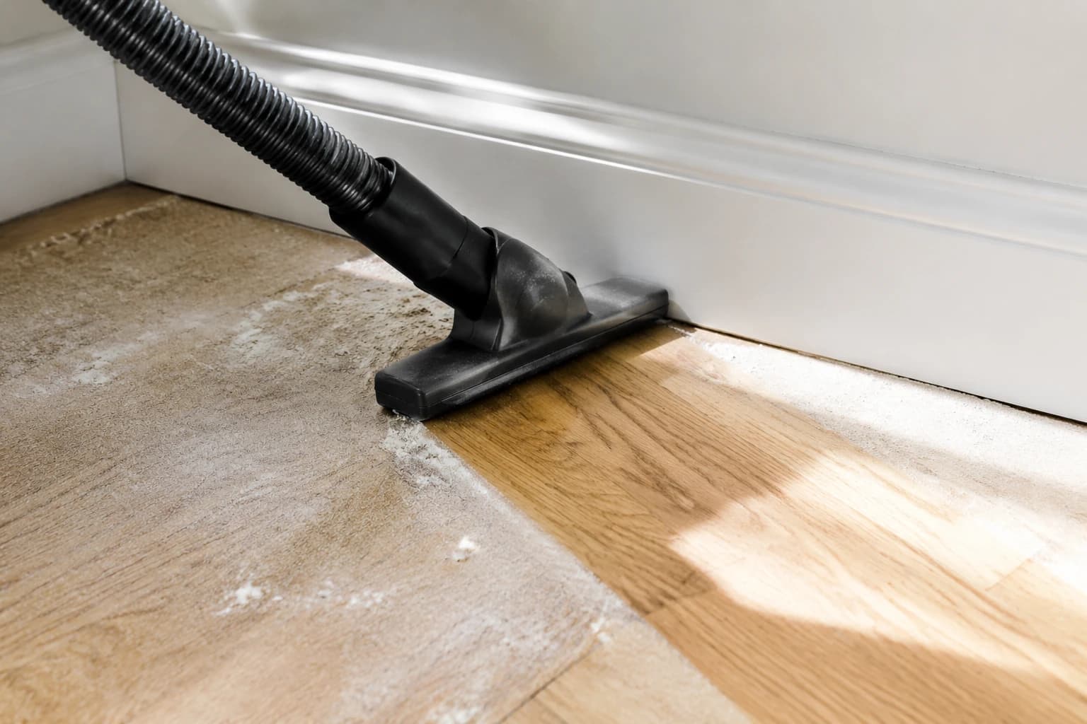 Vacuum nozzle clearing drywall dust from a new hardwood floor beside white baseboards, clean wood visible where it has passed