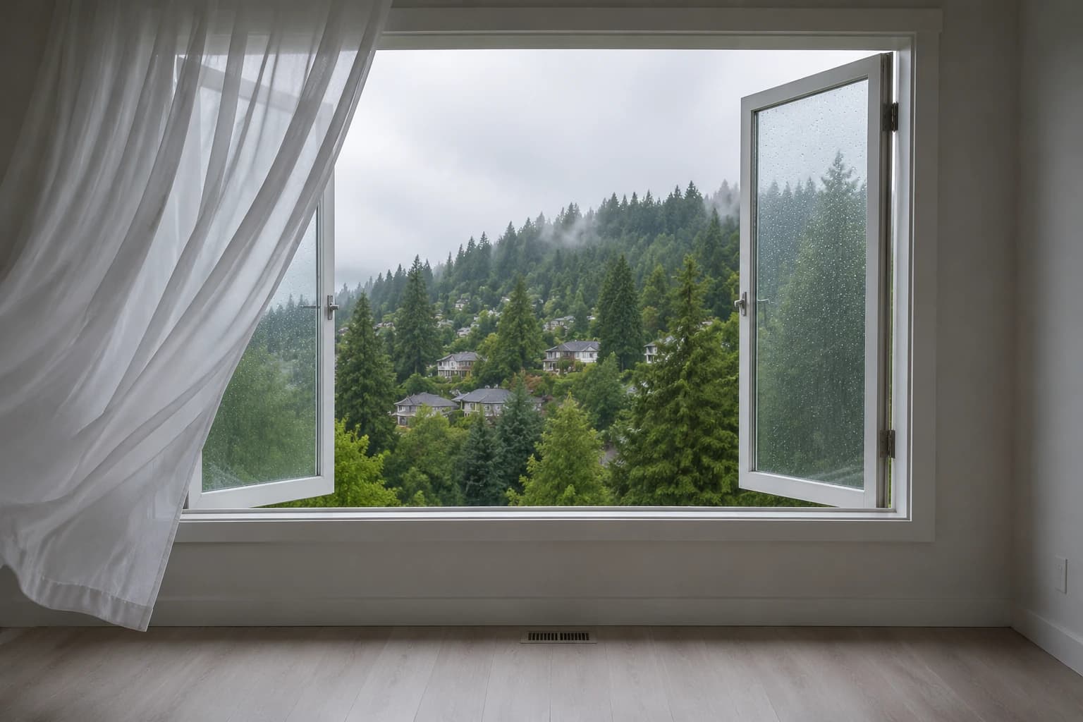Open window with rain on the glass and a curtain lifting in the draught, wet forested North Shore hillside beyond a finished room