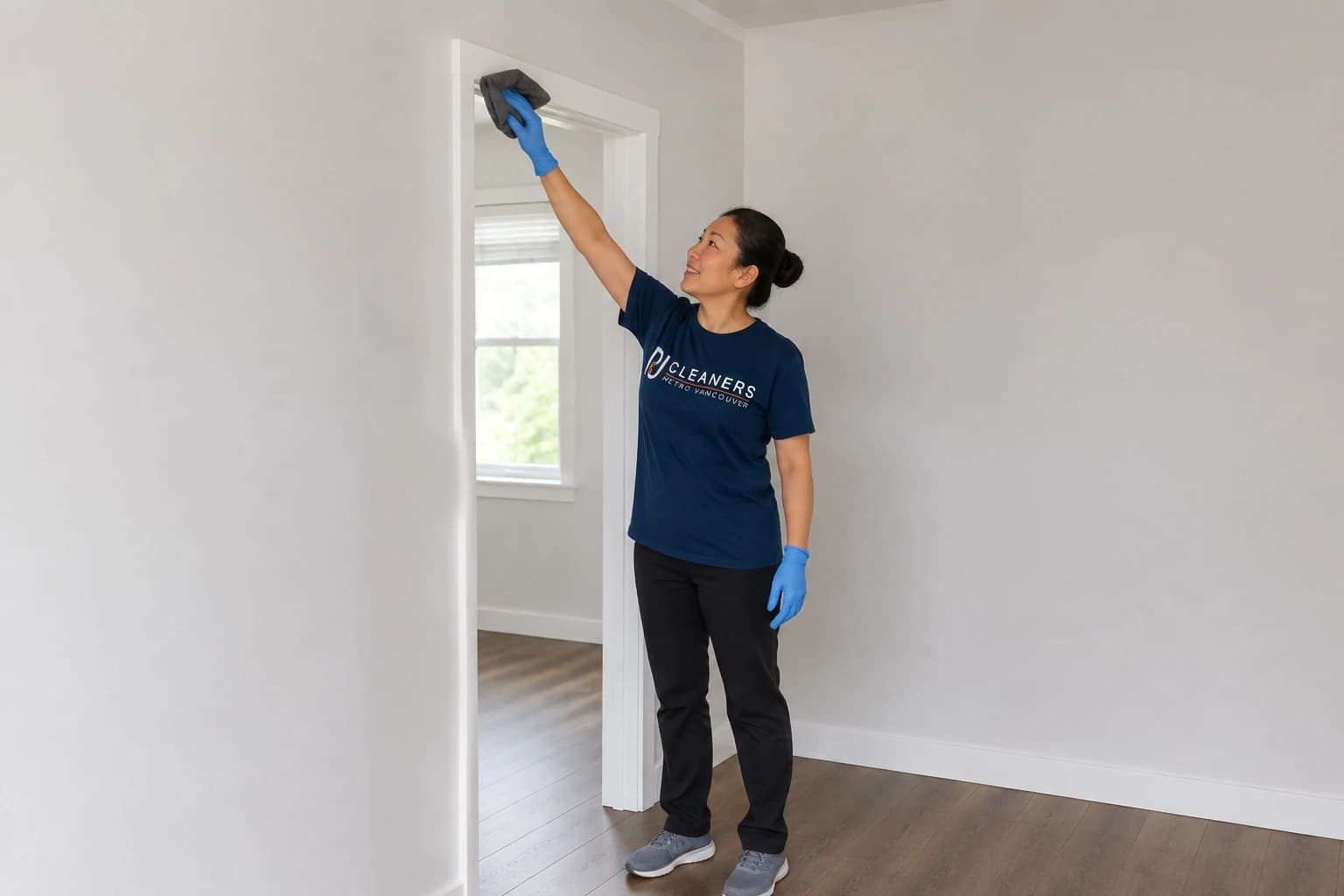P&J Cleaners team member wiping dust from the top edge of a door frame in an empty newly renovated Vancouver room