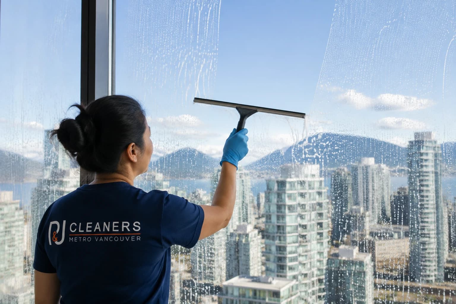 P&J cleaner pulling a squeegee down a soapy high-rise window above the Vancouver skyline and North Shore mountains