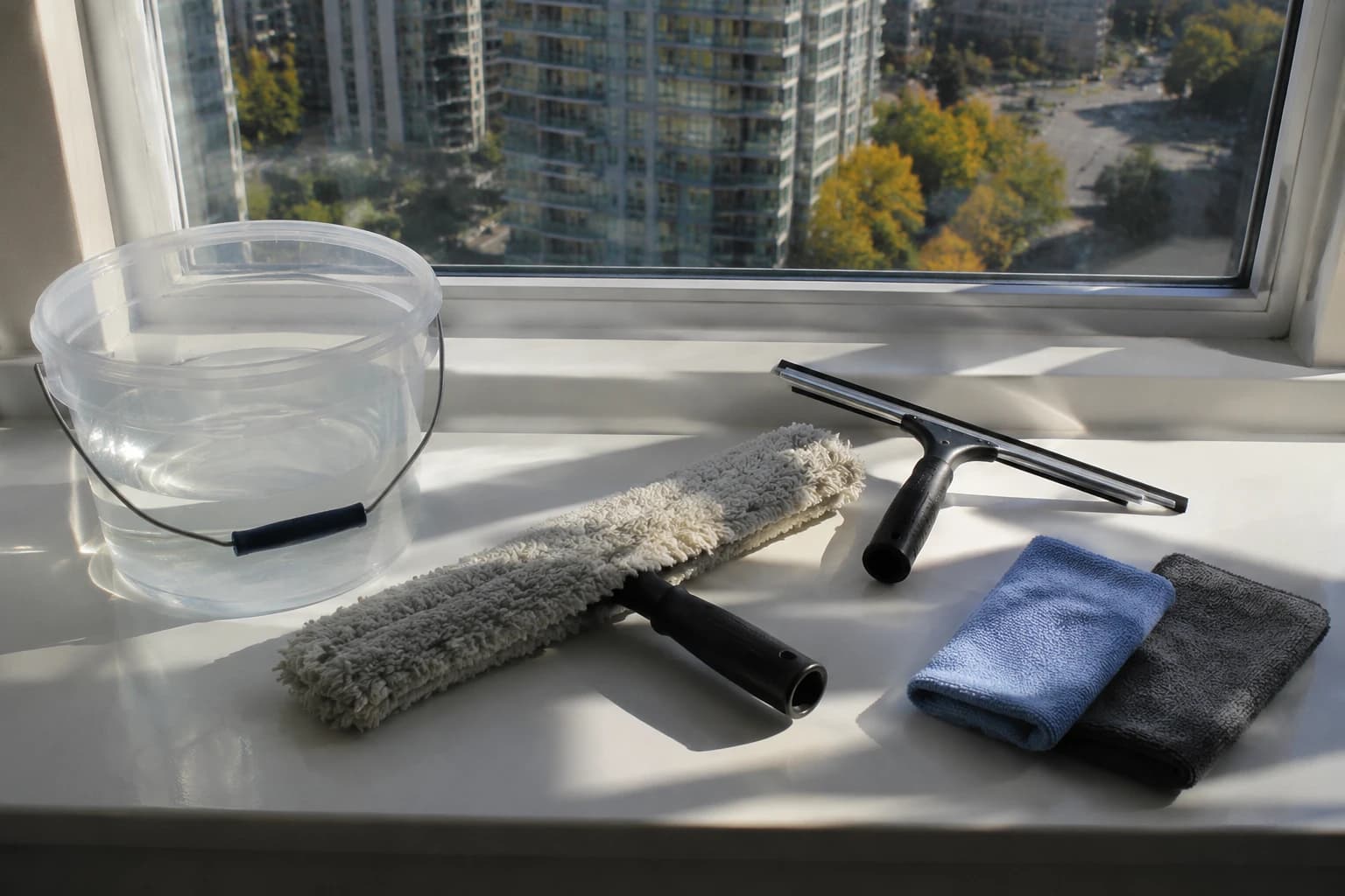 Bucket, T-bar washing sleeve, squeegee and two folded cloths on a sunlit windowsill in a Vancouver condo