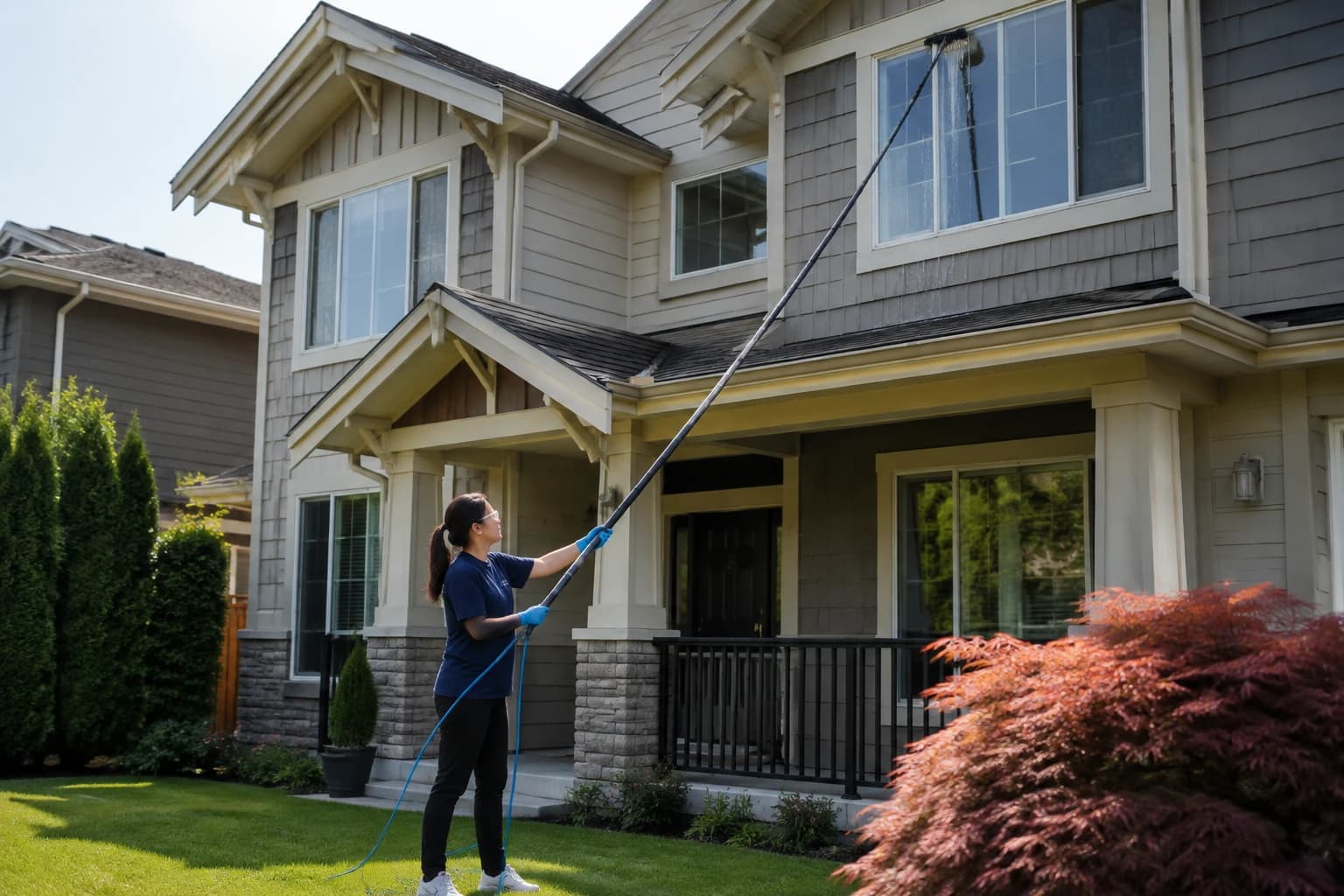 P&J cleaner rinsing a second-storey window with a water-fed pole while standing on the lawn of a Vancouver home