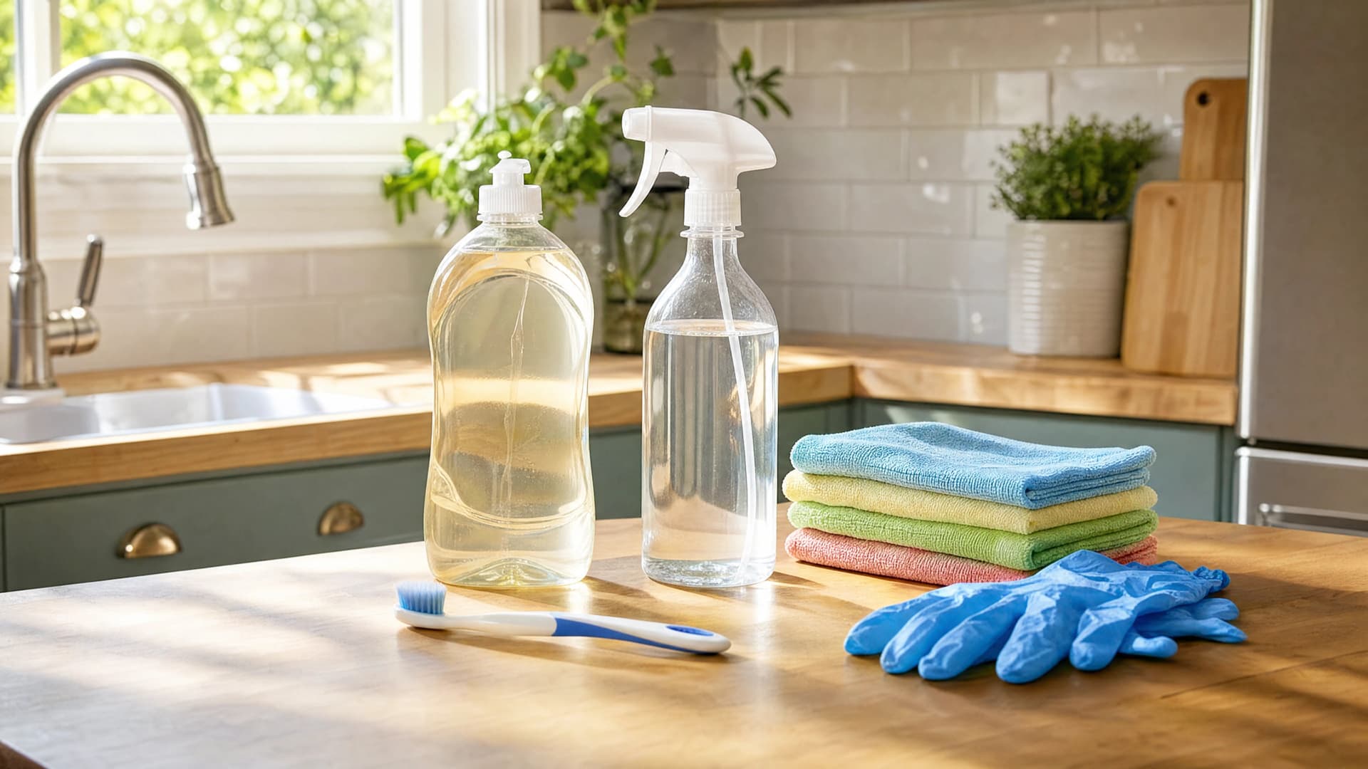 Dish soap, a vinegar spray bottle, a soft toothbrush, microfibre cloths and nitrile gloves on a sunlit kitchen counter