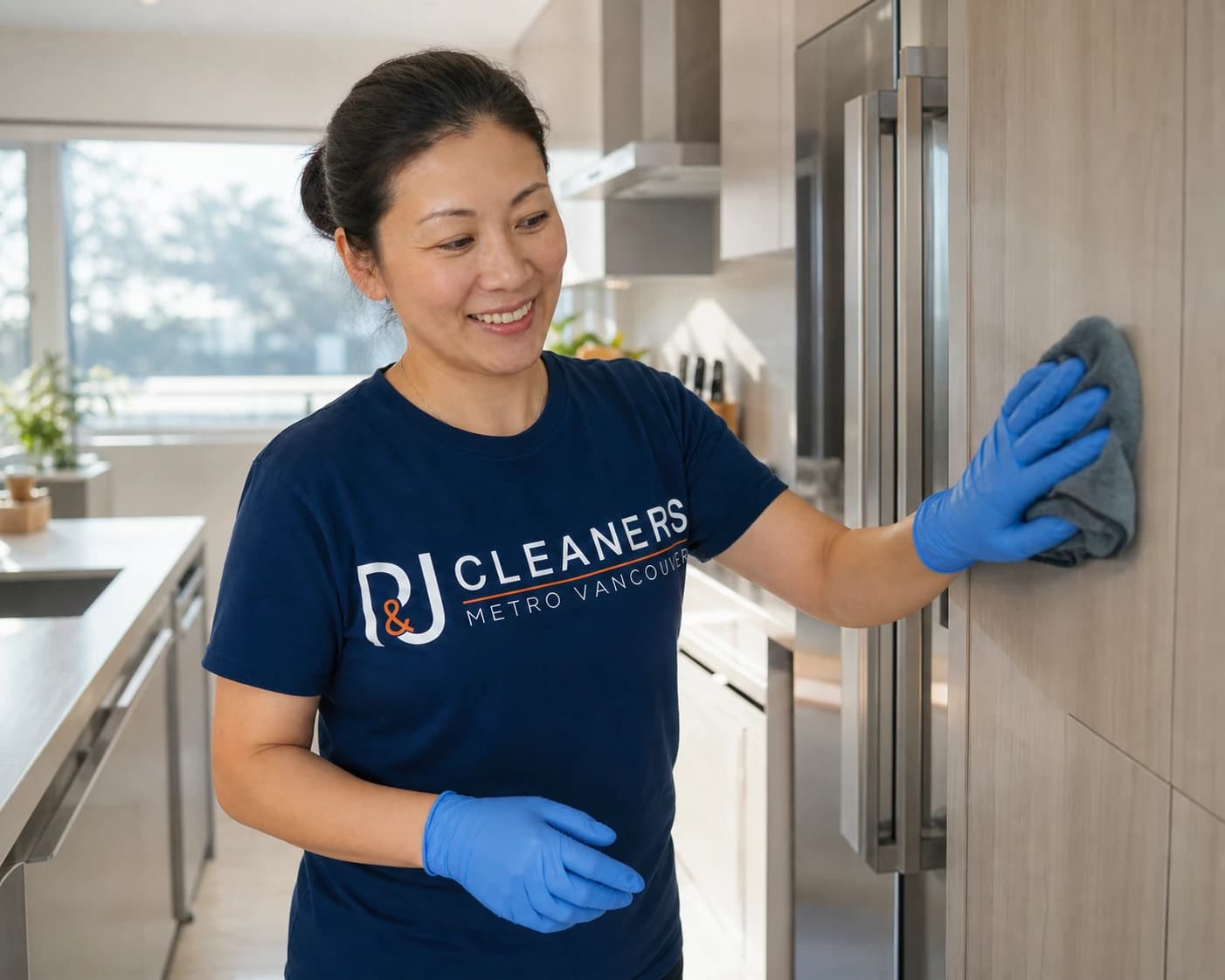 P&J Cleaners team member wiping kitchen cabinet fronts beside a closed fridge in a bright Vancouver kitchen