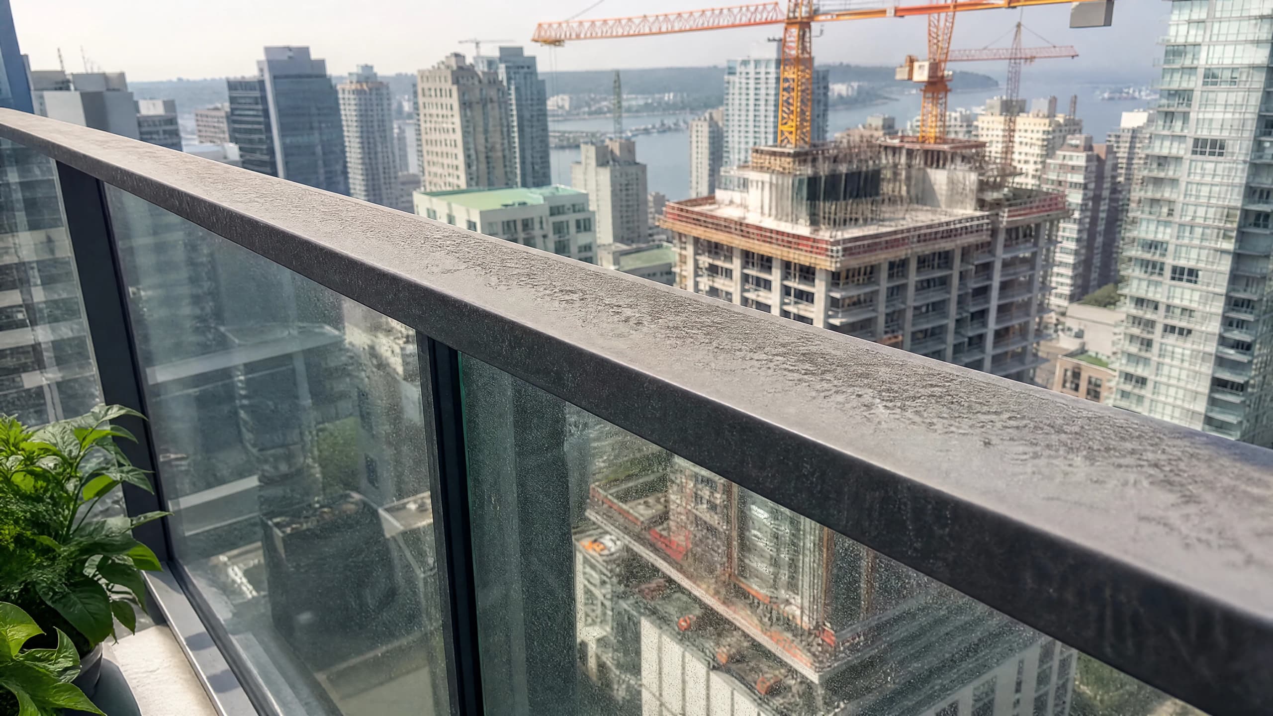 Grey construction dust film on a Vancouver condo balcony rail with tower cranes and a high-rise build in the background
