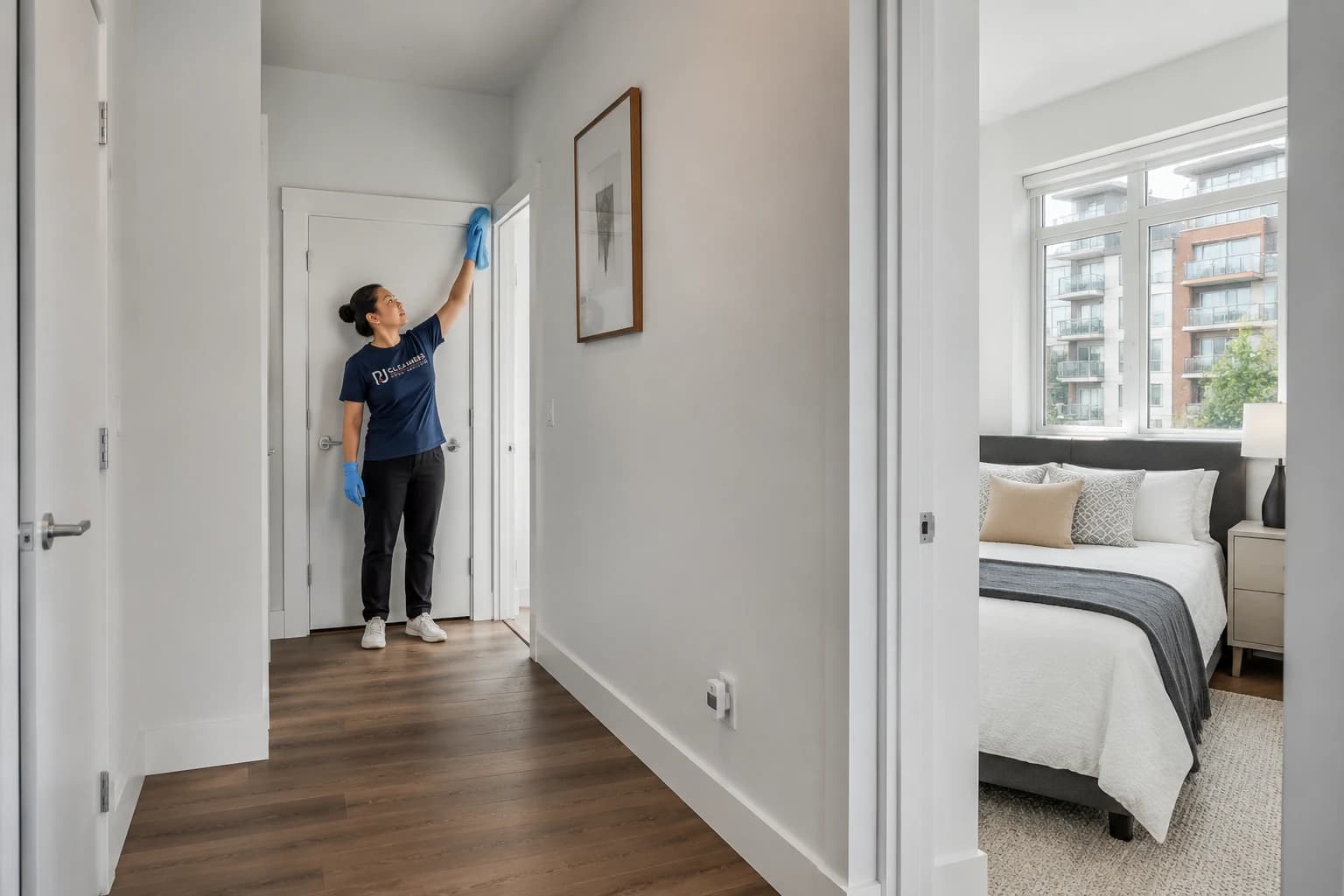 P&J Cleaners team member wiping the top of a door frame with damp microfibre in a bright Vancouver condo hallway