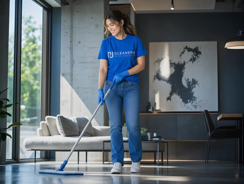 P&J Cleaners professional with cleaning supplies in a modern Vancouver apartment