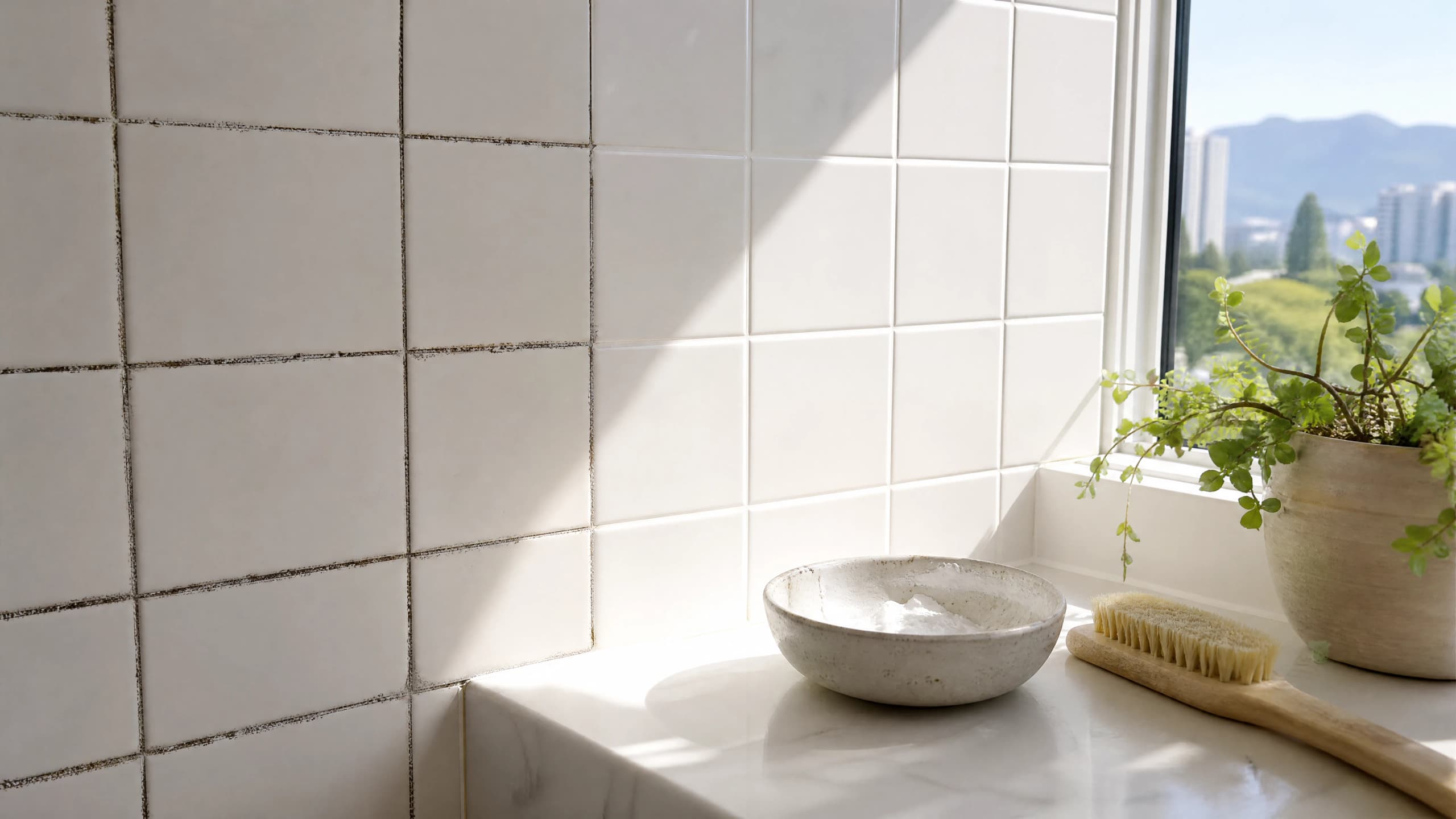 Tiled Vancouver bathroom wall with mold-darkened grout on the left scrubbed back to clean white on the right