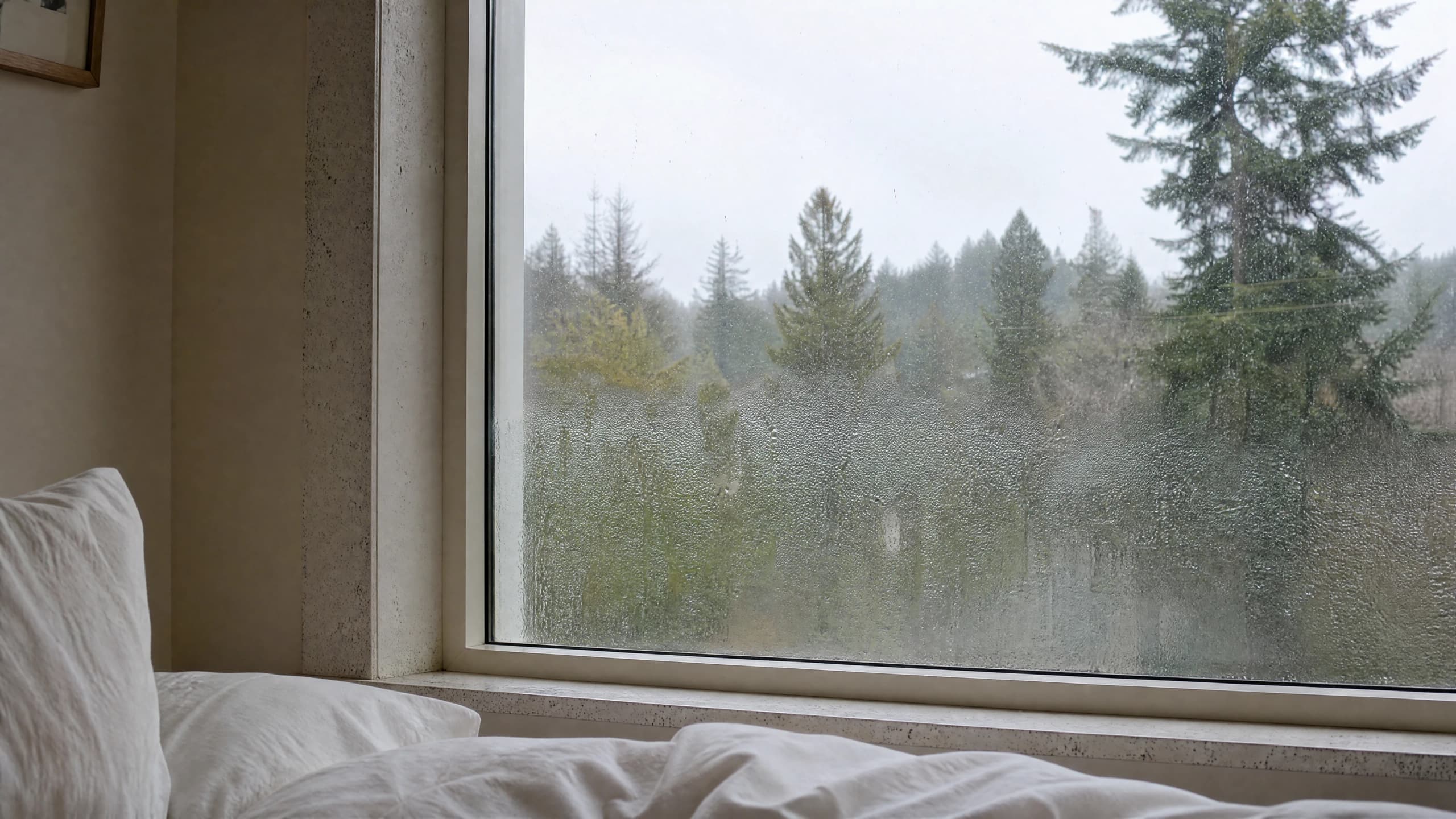 Condensation beaded on a Metro Vancouver bedroom window with dark speckling along the painted reveal and sill
