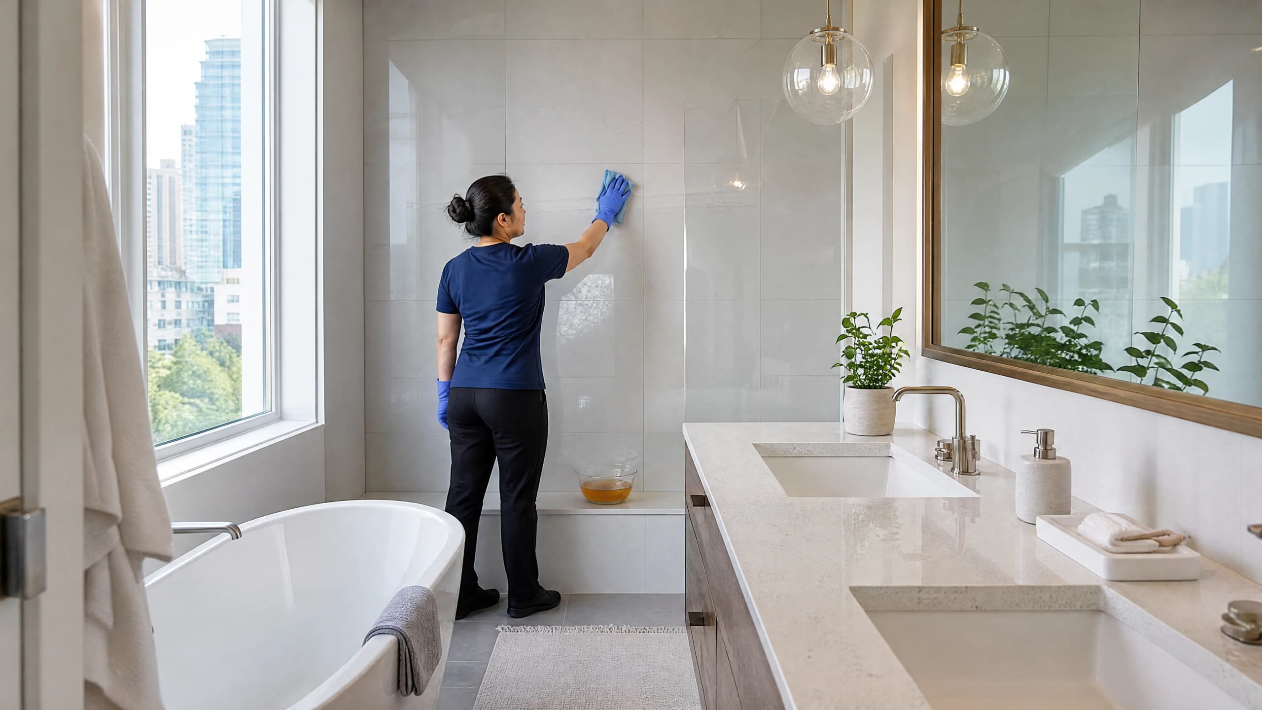 P&J Cleaners team member wiping down a tiled shower wall in a bright Vancouver bathroom, bowl of soapy water on the ledge