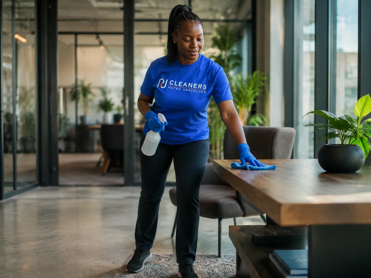 Professional P&J Cleaners employee with cleaning supplies in a bright, modern home