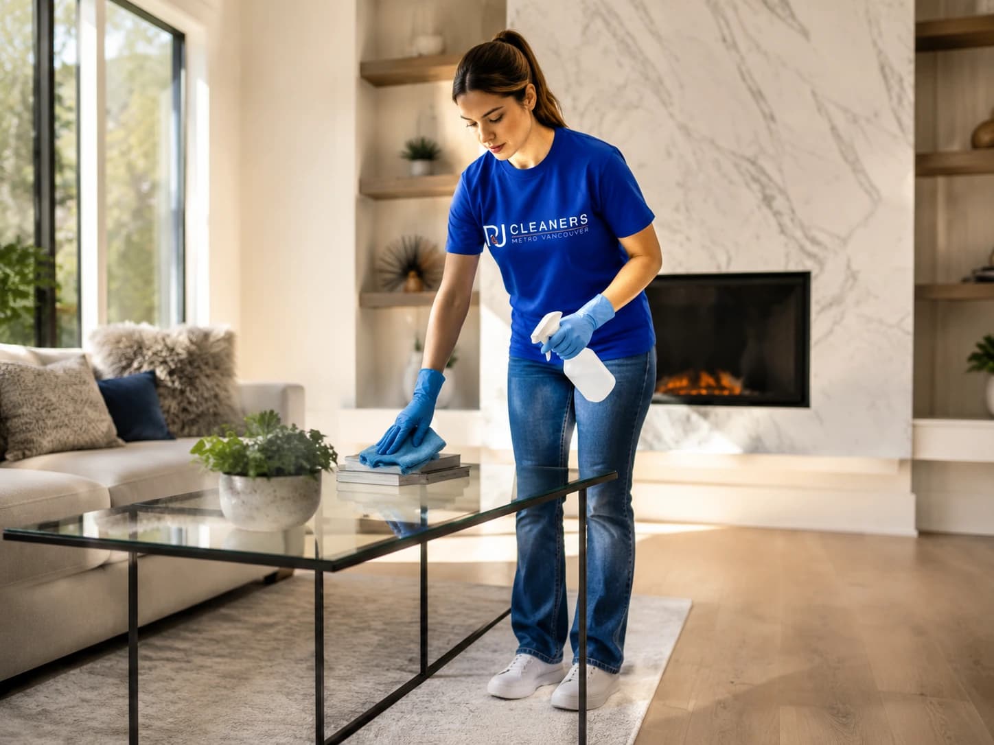 Professional cleaner wiping granite countertop in a modern home kitchen
