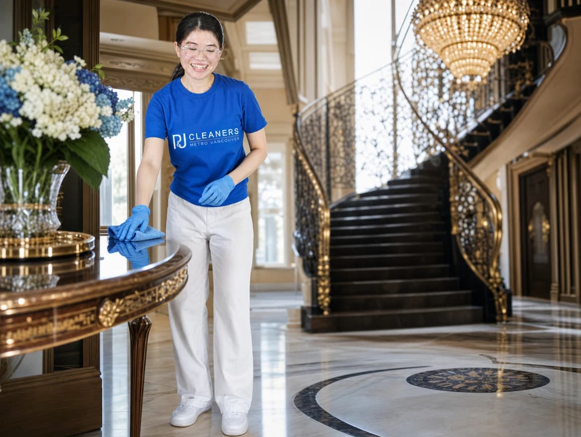 Professional cleaner achieving an exceptional finish in a grand foyer