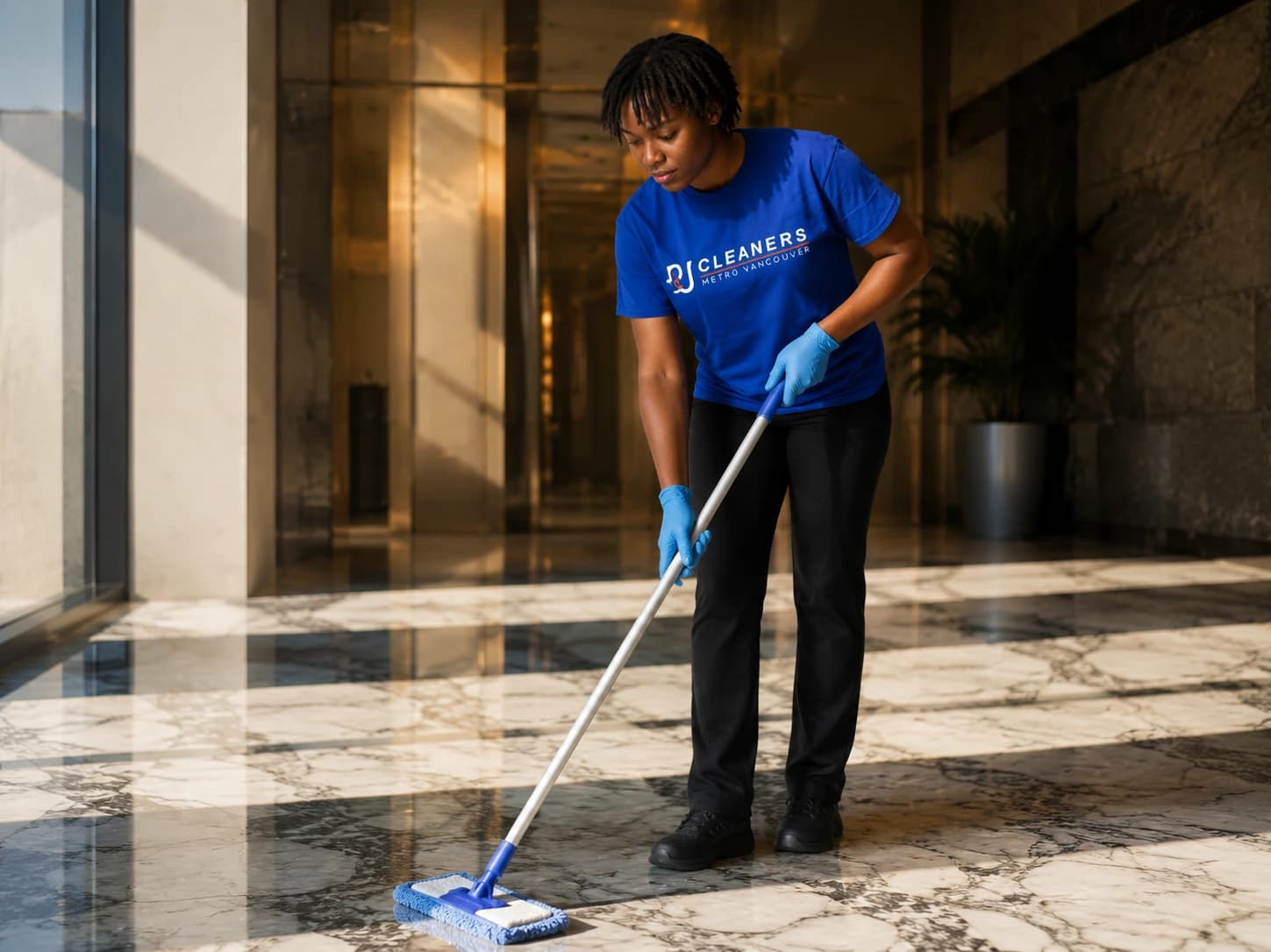 Large commercial lobby being professionally cleaned with marble floors