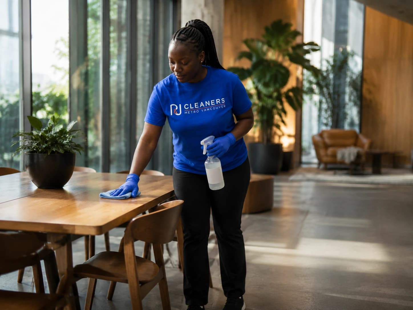 LEED-certified green building interior being professionally cleaned