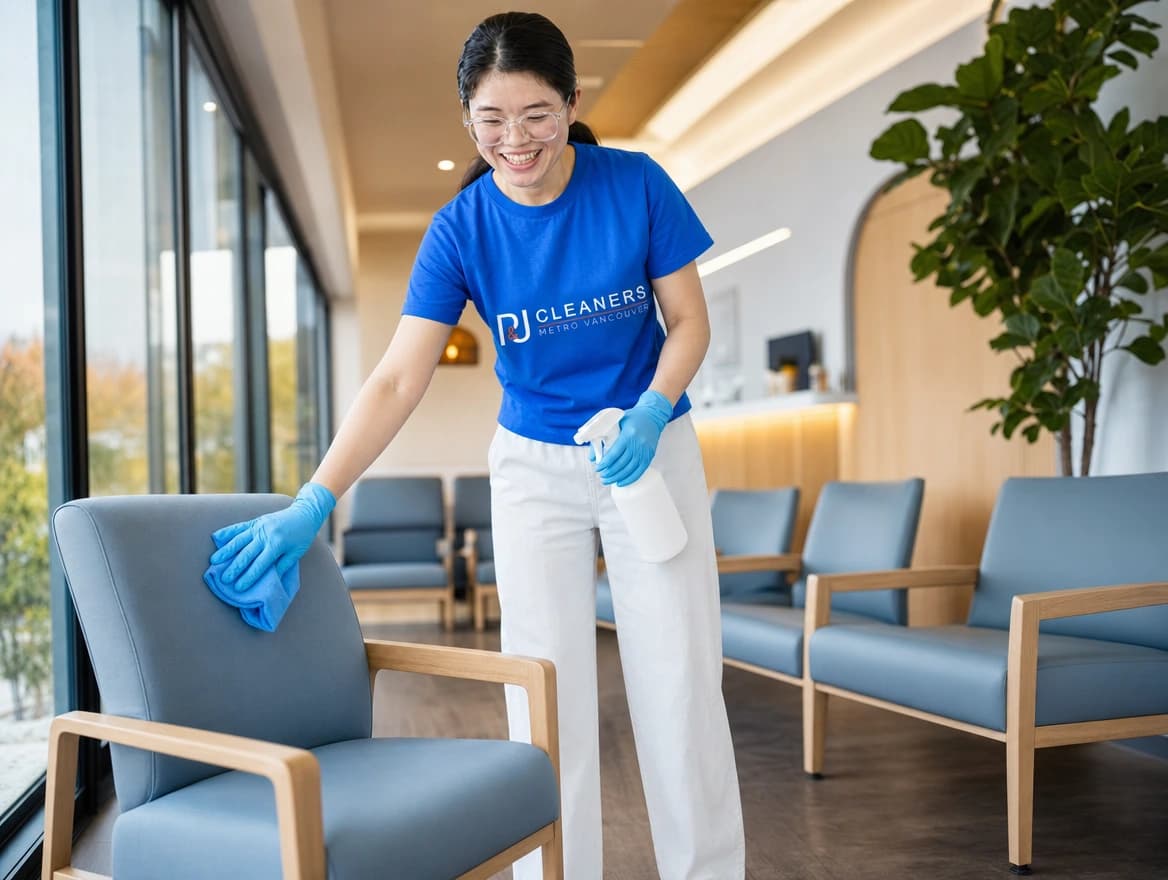 Professional cleaner sanitizing a medical clinic waiting room