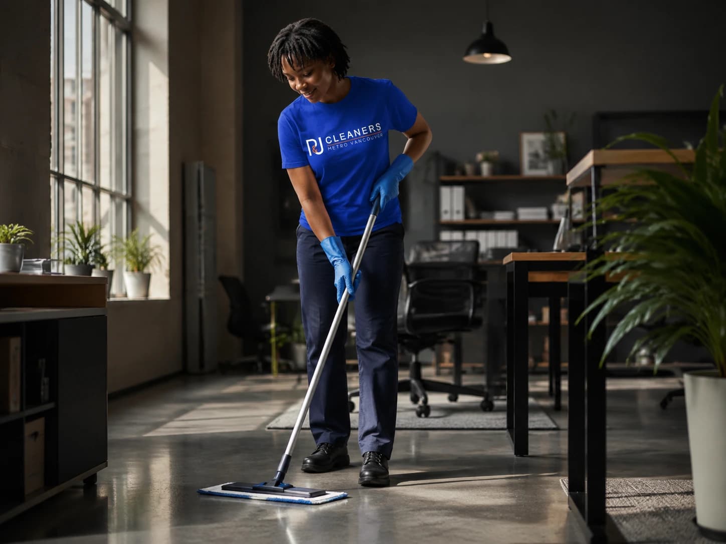 Professional cleaner at work in a modern office environment