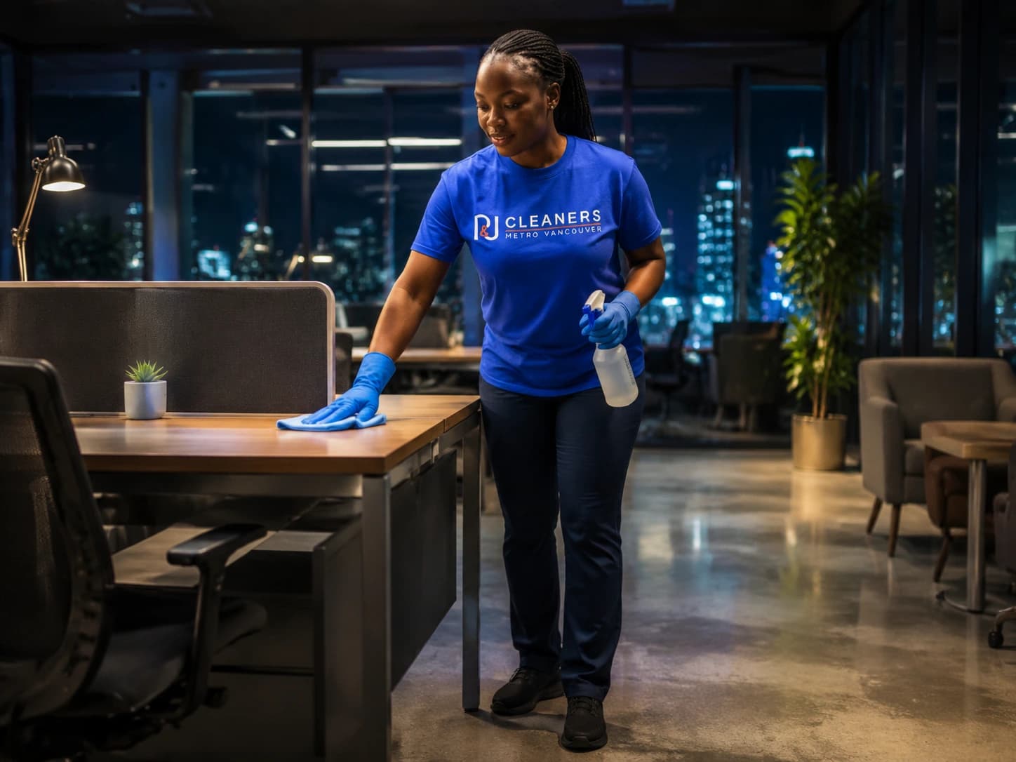 Professional cleaners cleaning a modern corporate office floor at night