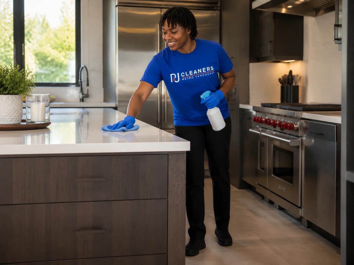 Professional cleaning service team in a modern commercial kitchen