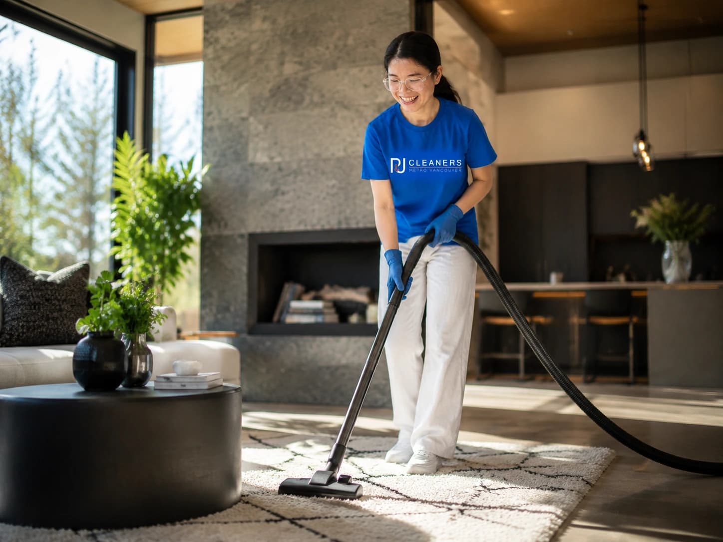 Professional cleaner providing high-quality cleaning service in a spacious room