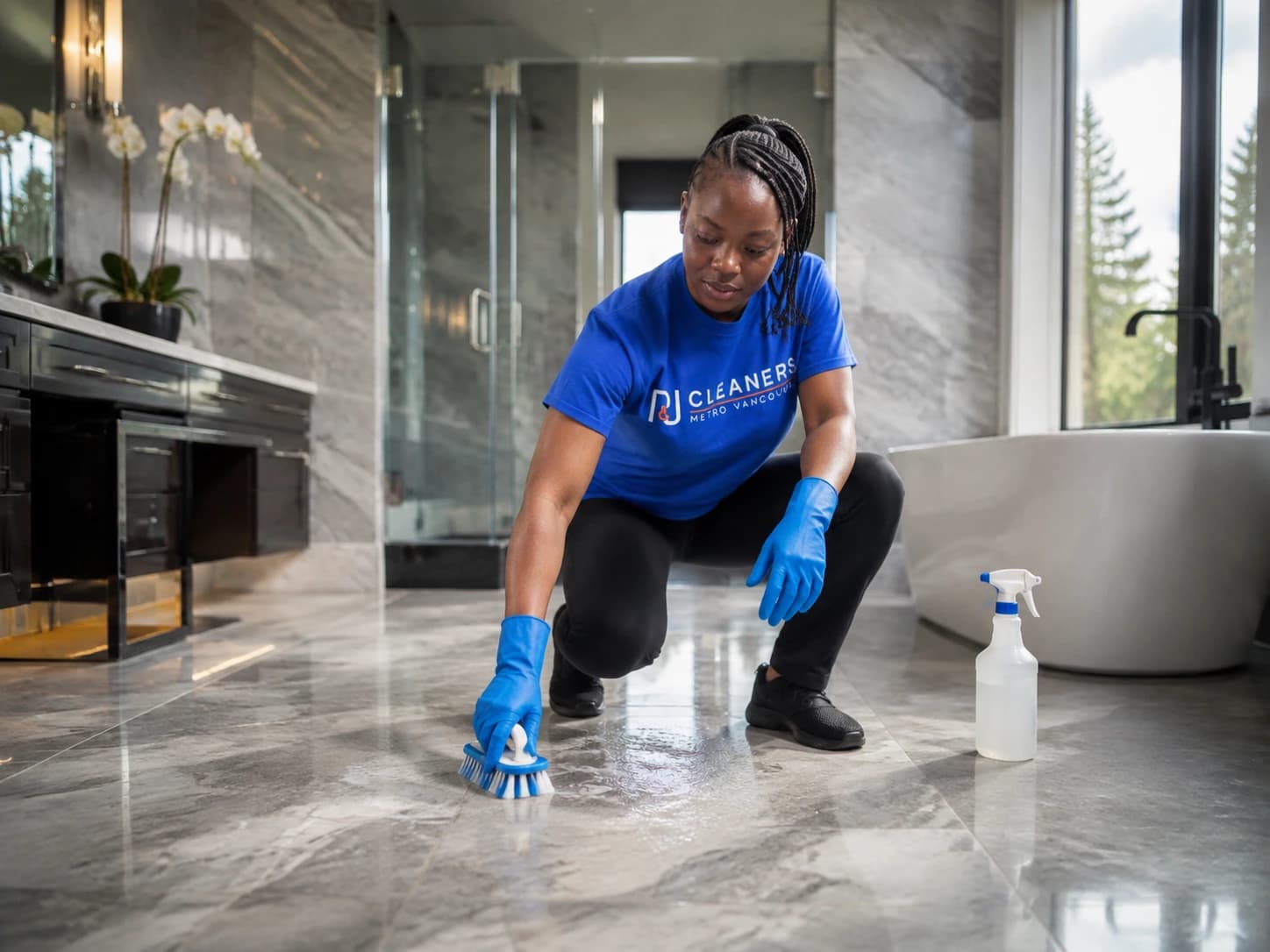 Professional cleaner scrubbing a luxury master bathroom marble tile