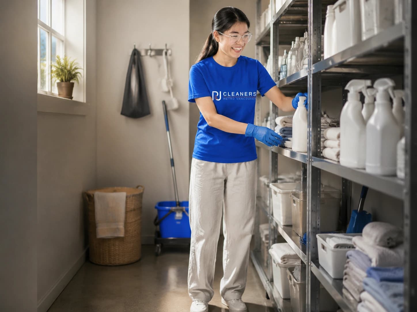 Professional cleaner organizing cleaning supply closet with safety protocols