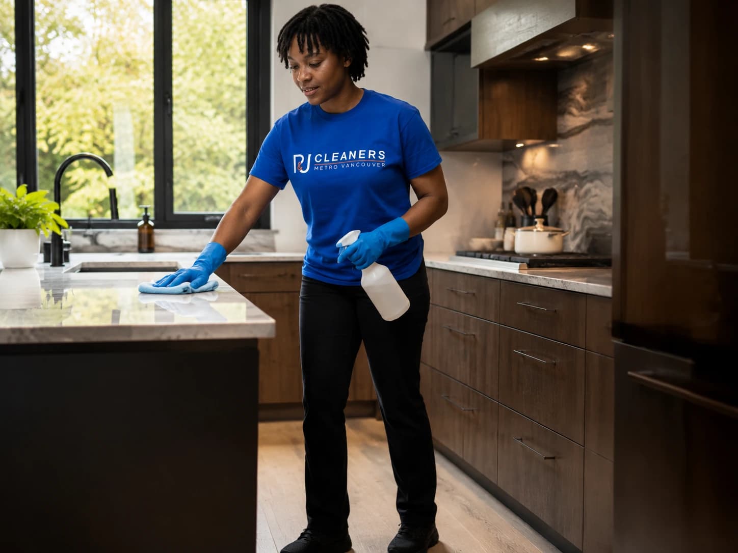 Professional cleaner deep cleaning a modern residential kitchen