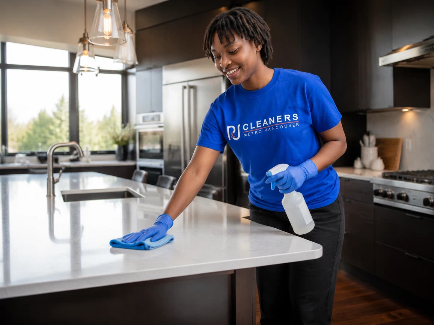 Professional cleaner wiping quartz countertops in a modern kitchen