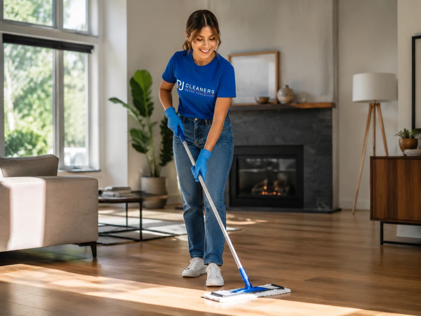 Professional cleaner wiping cabinet in a bright, modern living room