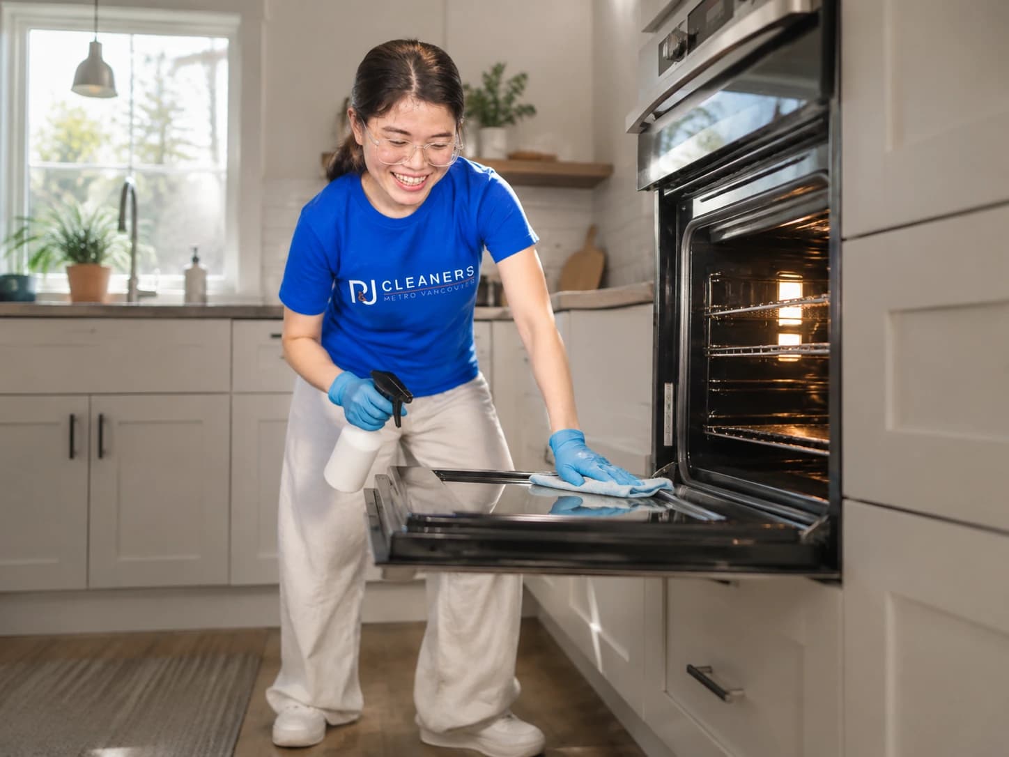 Smiling cleaner wiping down kitchen cabinets and oven in a bright, modern home
