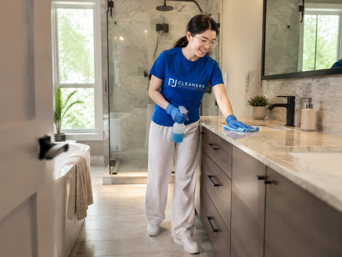 Professional cleaner preparing a master bathroom for new homeowners