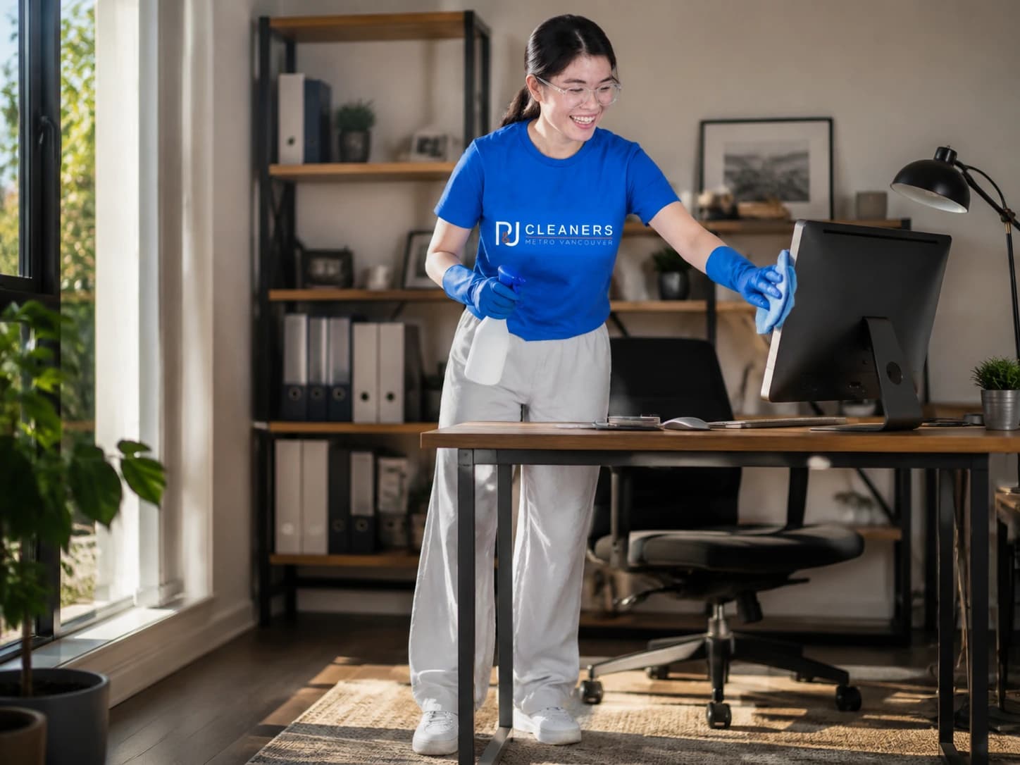 Professional cleaner dusting a home office and wiping computer monitor