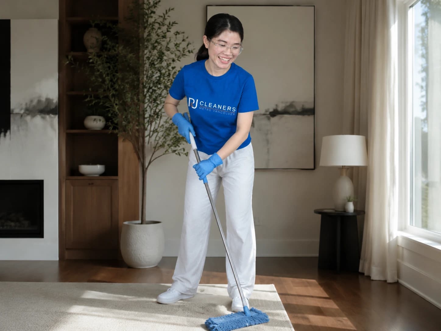 Living room deep cleaning with microfiber duster in Vancouver home