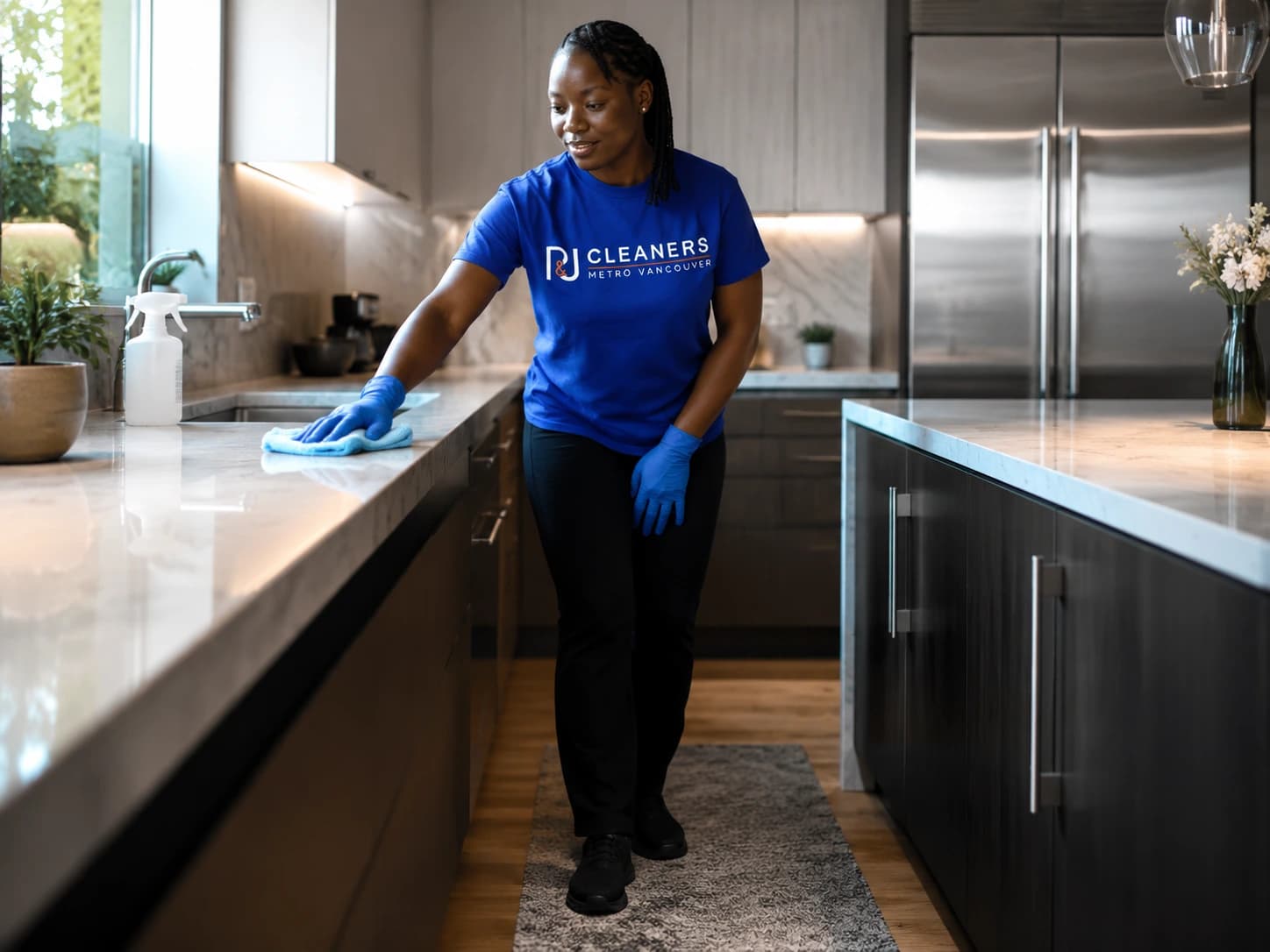 Professional kitchen cleaning - wiping quartz countertops in modern kitchen