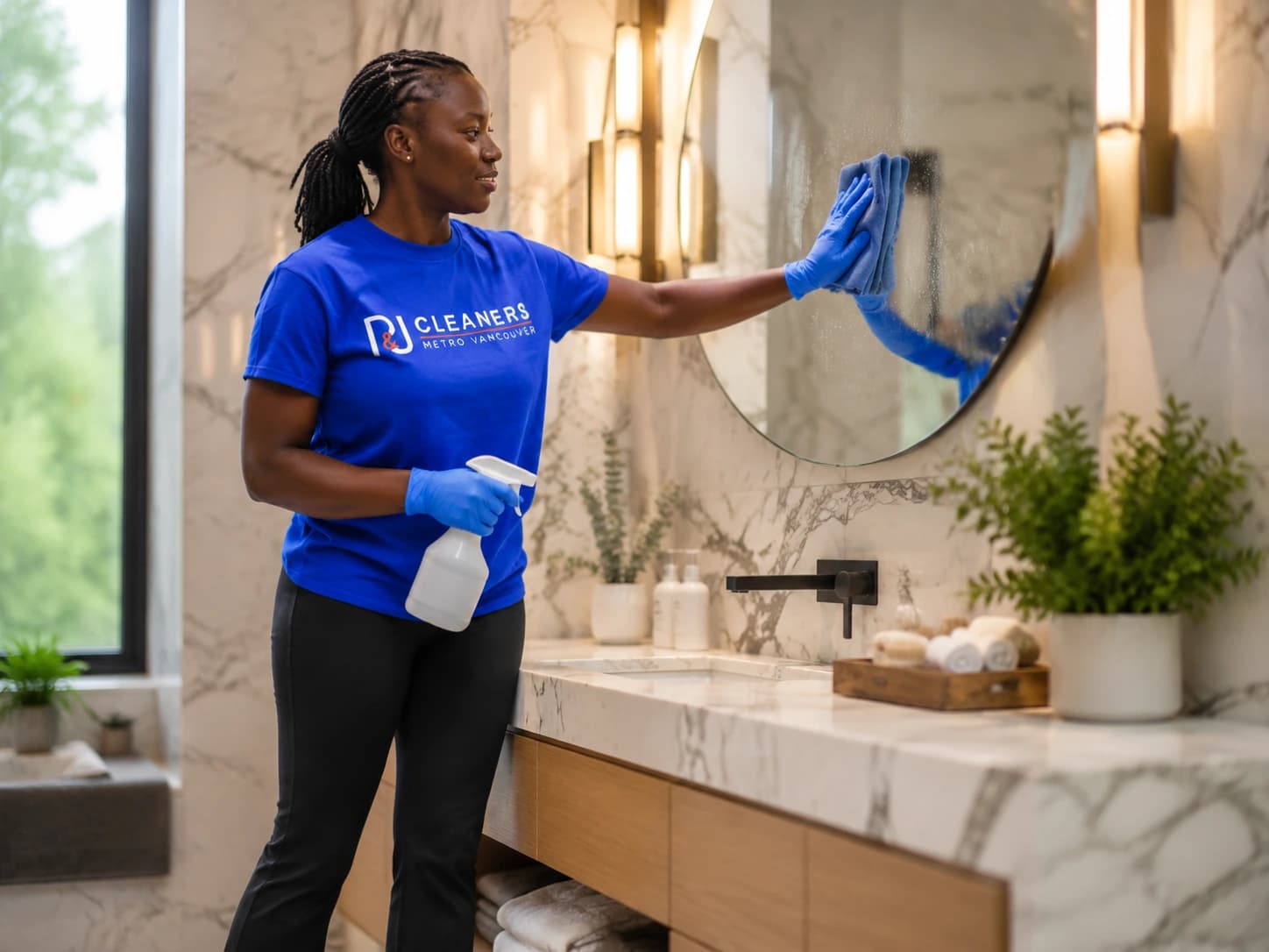 Professional bathroom cleaning - sanitizing marble vanity and mirror