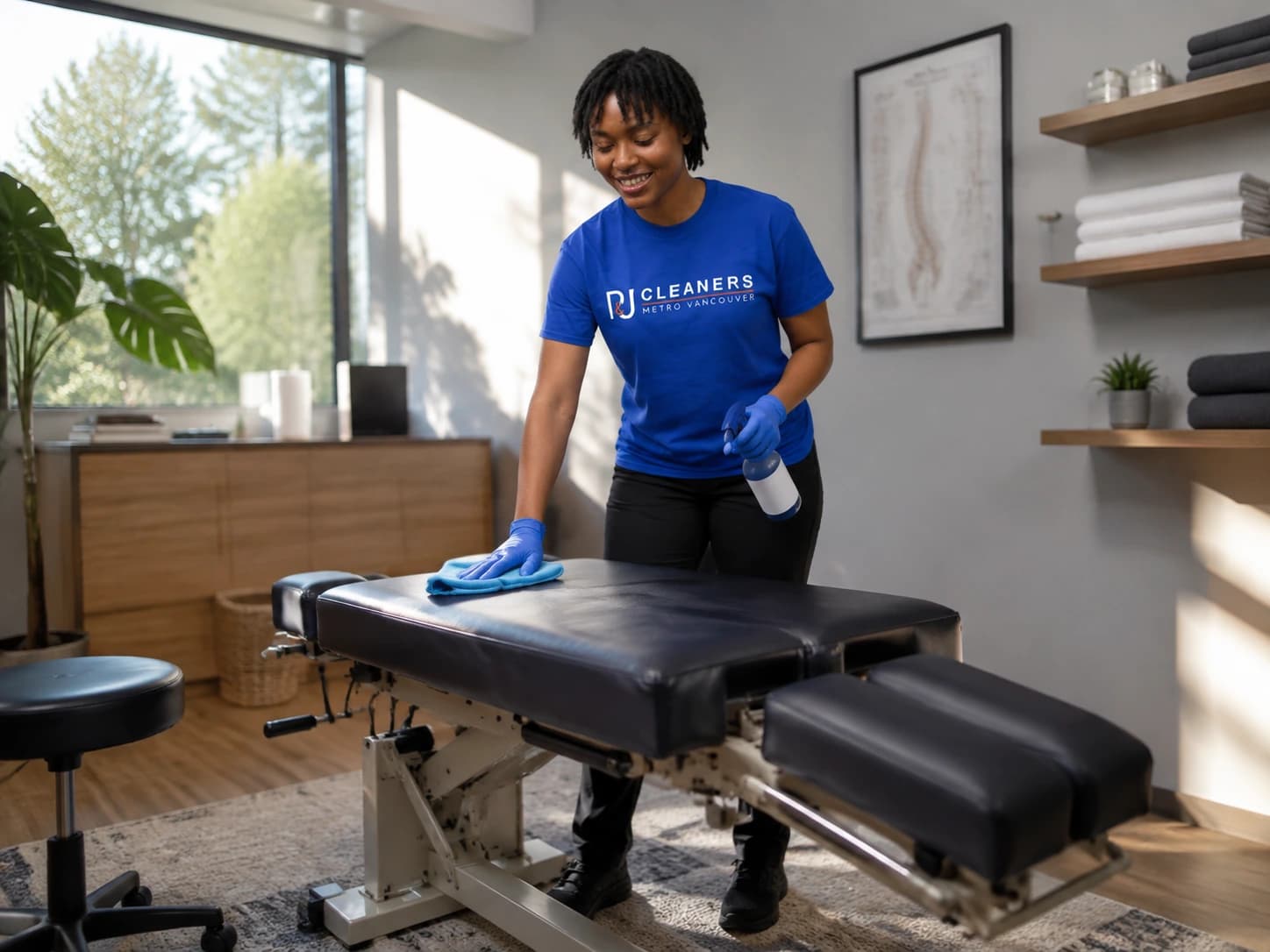 Professional cleaner sanitizing a chiropractic office adjustment room