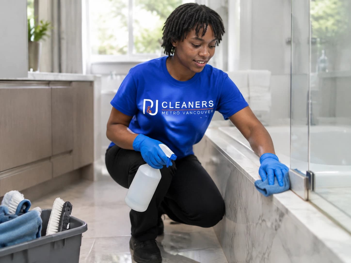Master bathroom being prepared for new homeowners by professional cleaners