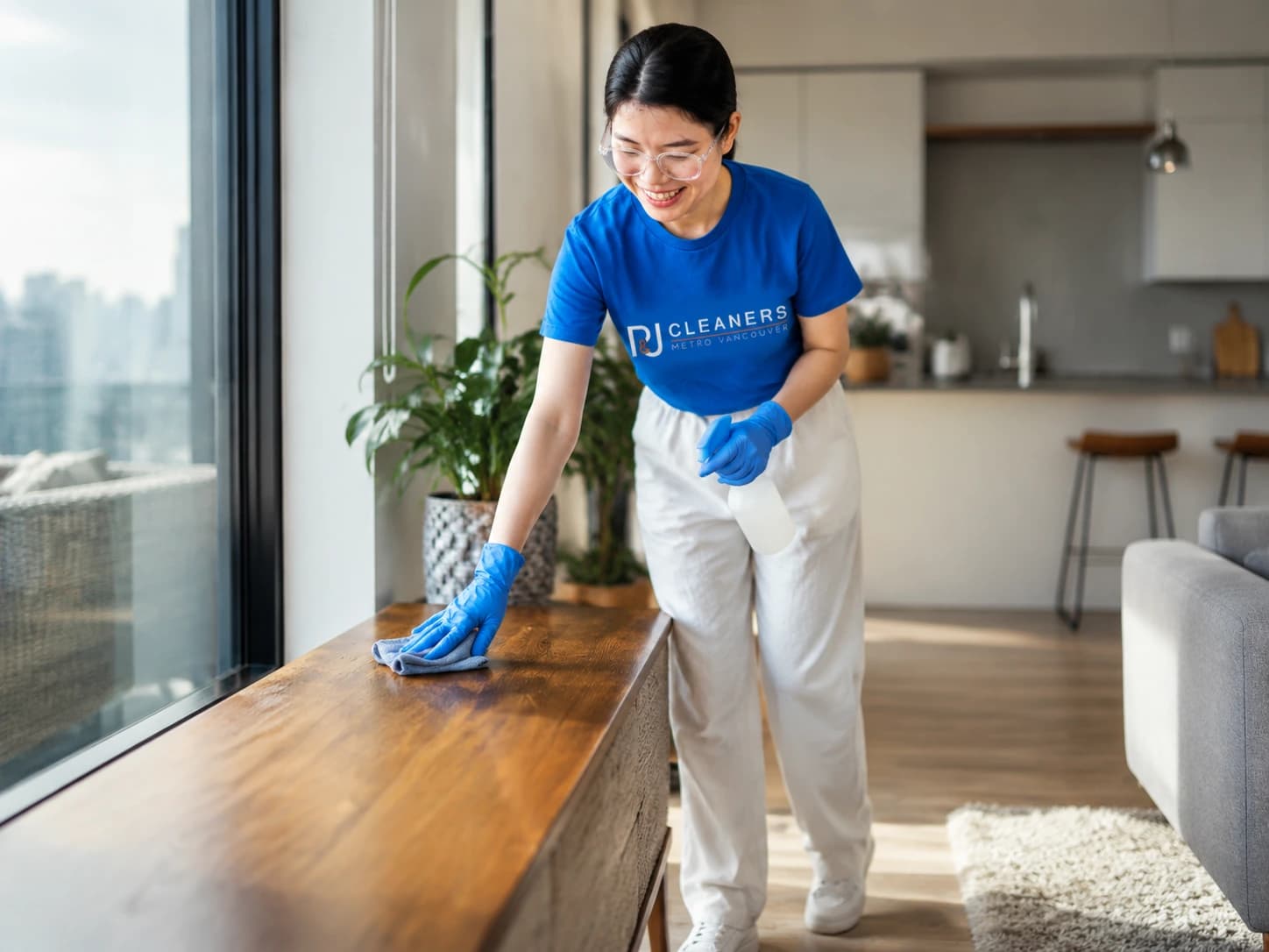 New homeowner watching professional cleaner prepare their home for move-in