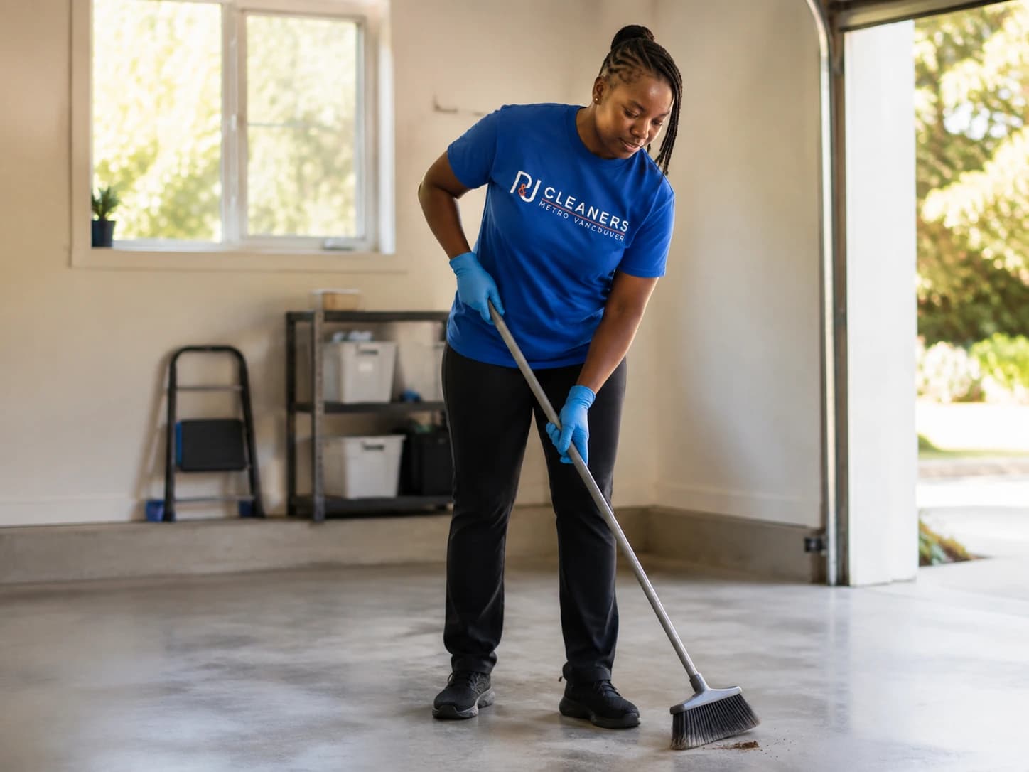 Professional cleaner preparing garage for new homeowners, sweeping floor