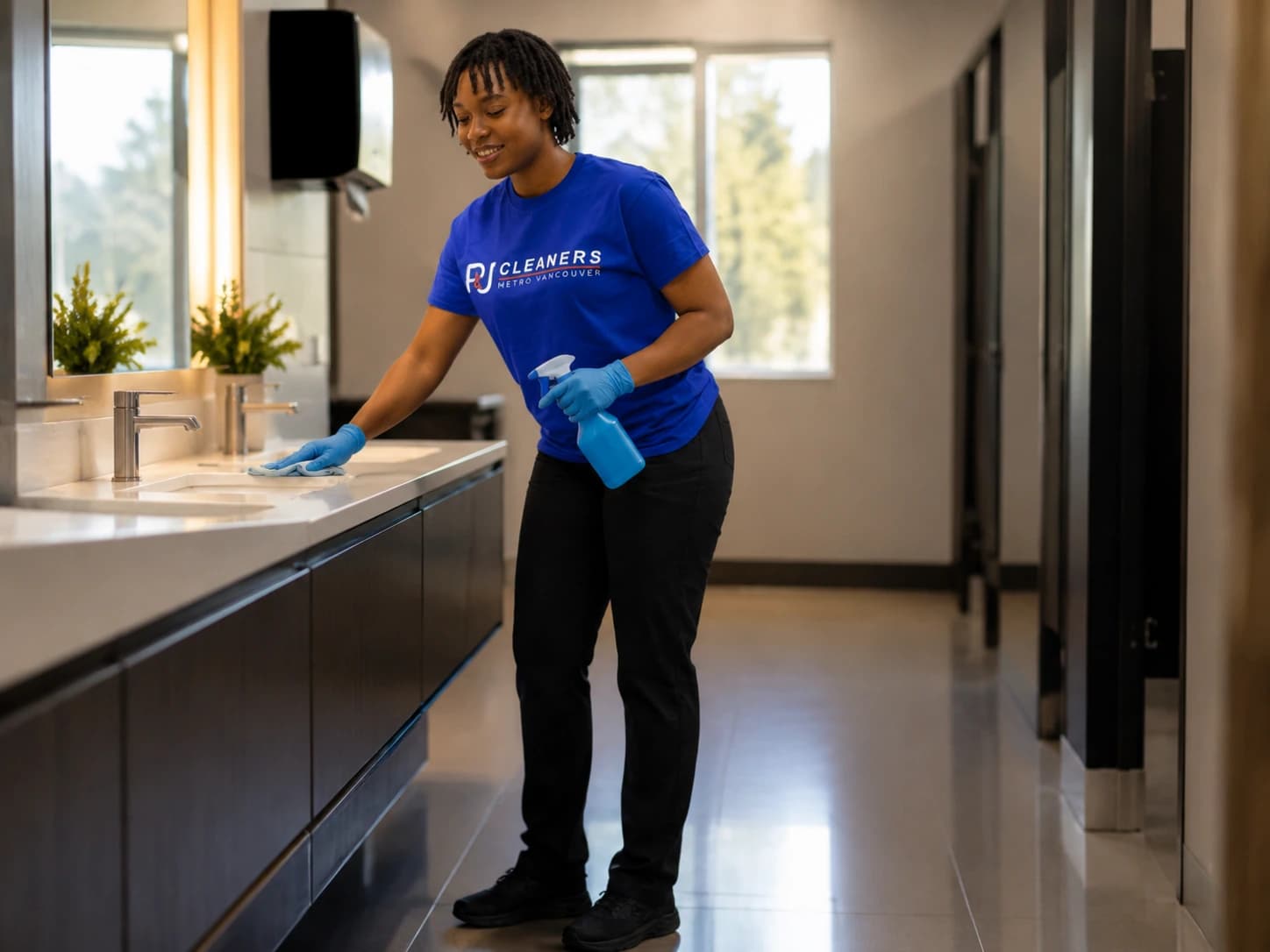 Professional cleaner sanitizing a commercial restroom
