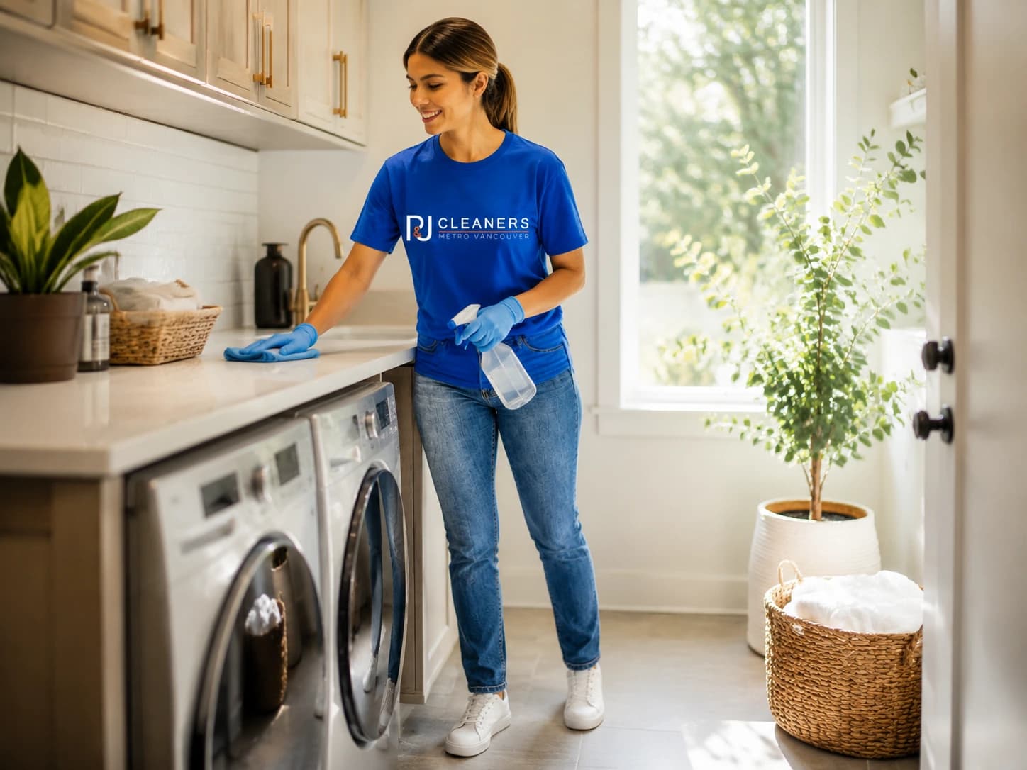 New home laundry area being sanitized by professional cleaner