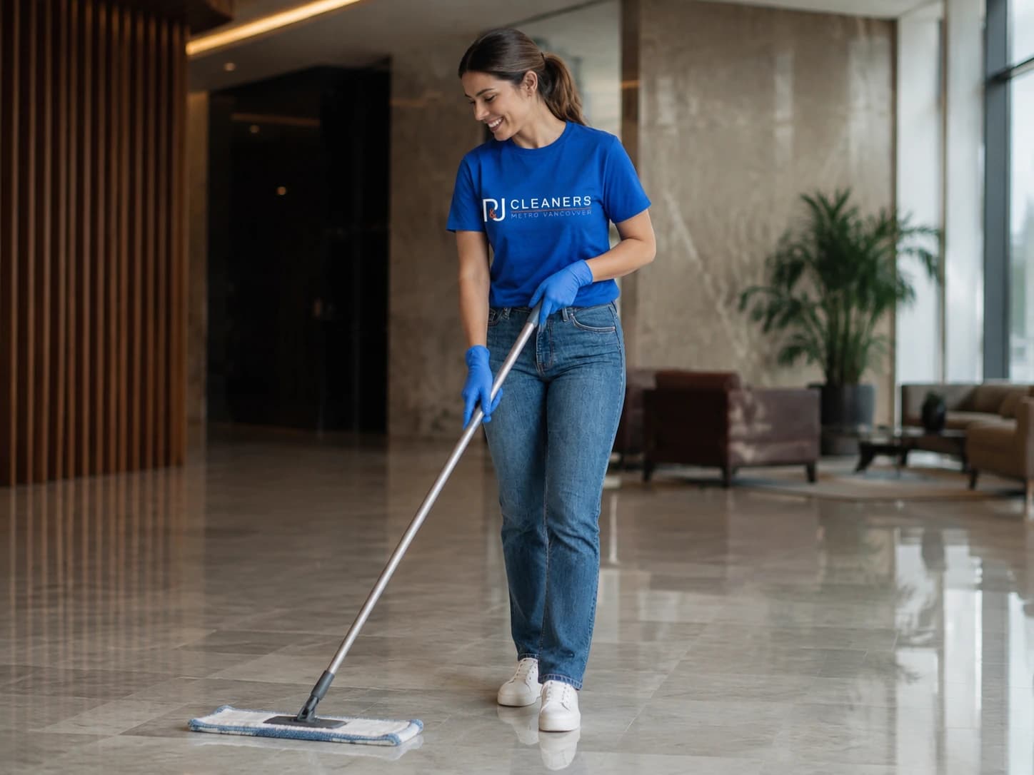 Large commercial lobby being professionally cleaned with marble floors