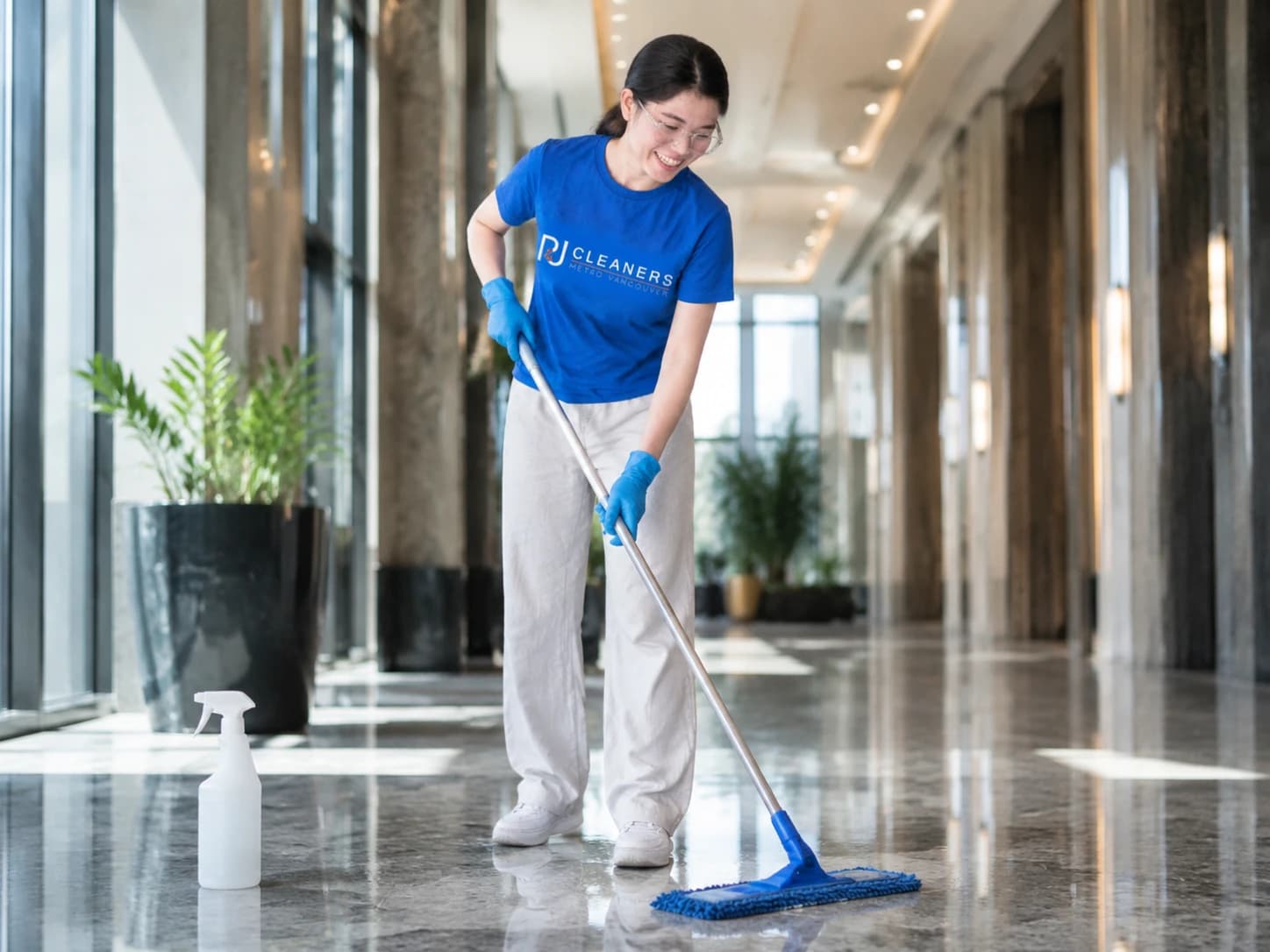 Large commercial lobby being professionally cleaned with slip prevention signage