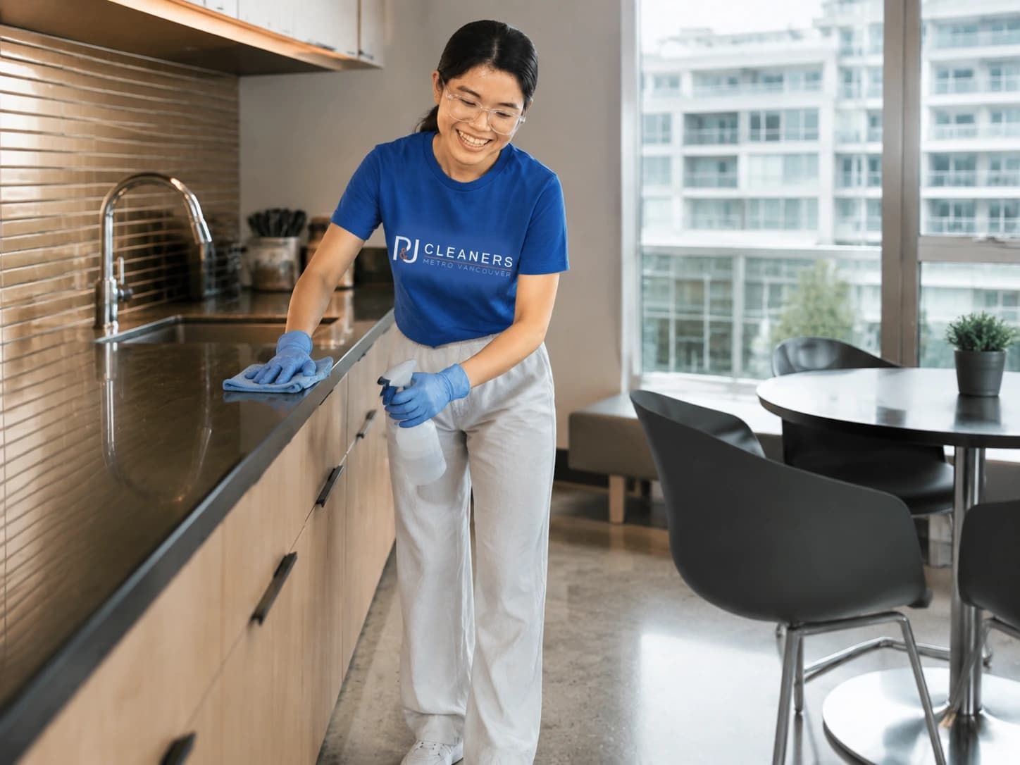 Professional cleaner cleaning an office break room kitchen area