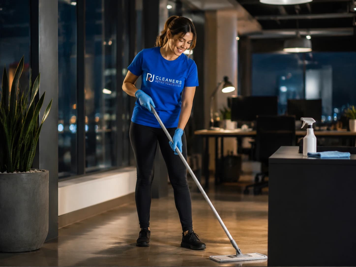 Professional cleaners maintaining proper ergonomic techniques while cleaning corporate office