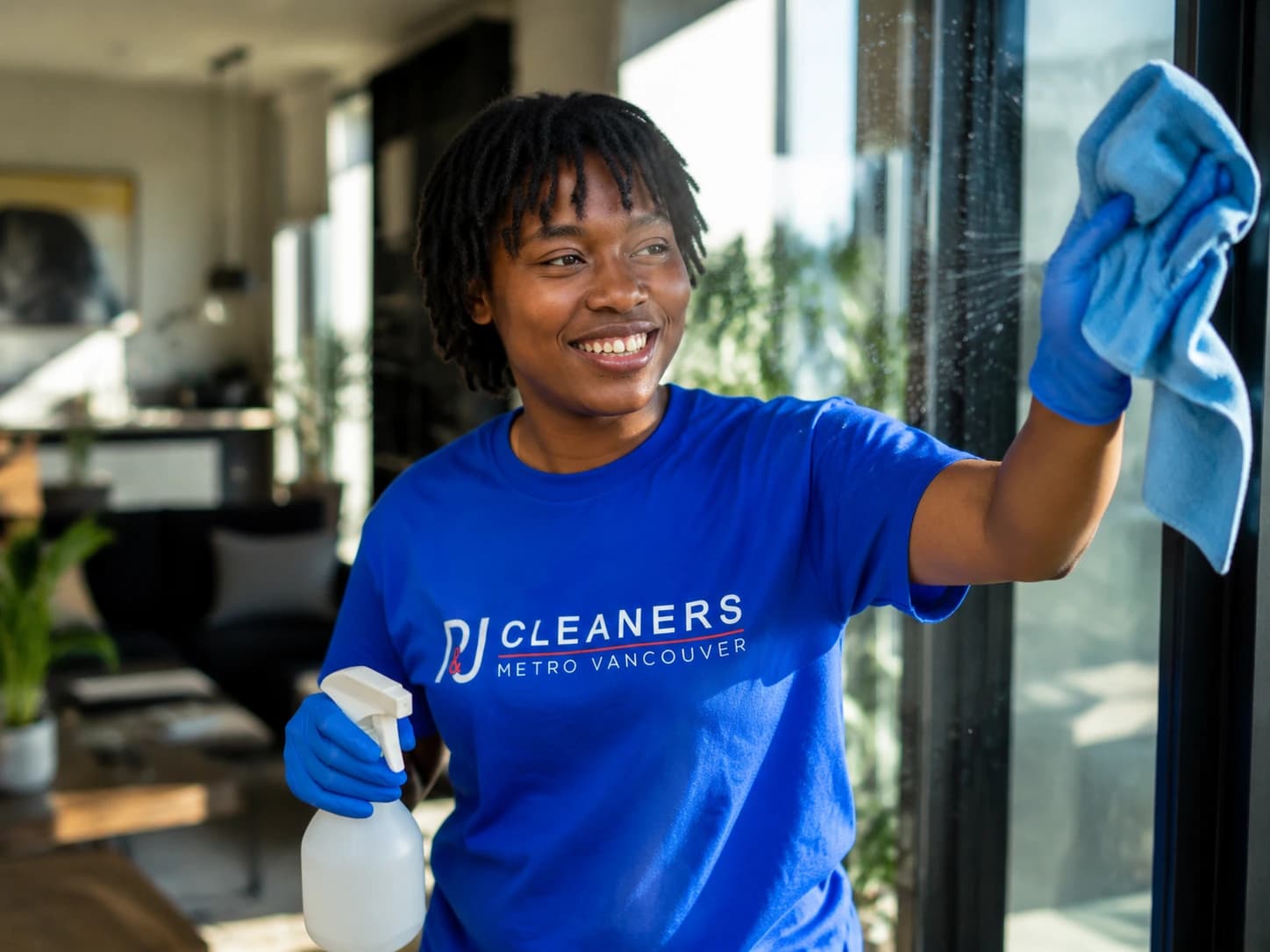Professional P&J Cleaners employee wearing proper PPE in commercial setting