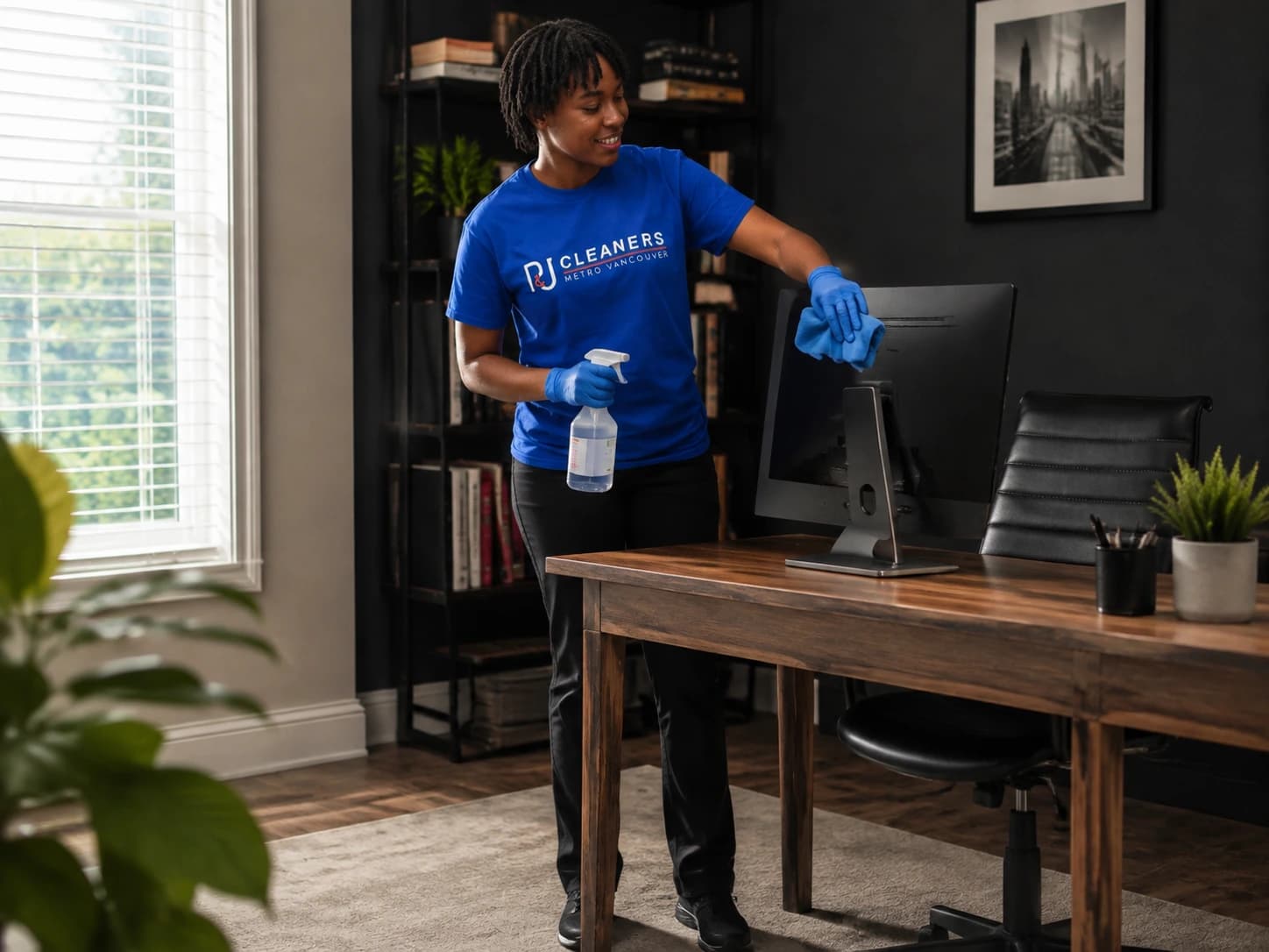 Professional cleaner maintaining a pristine home office, symbolizing client care