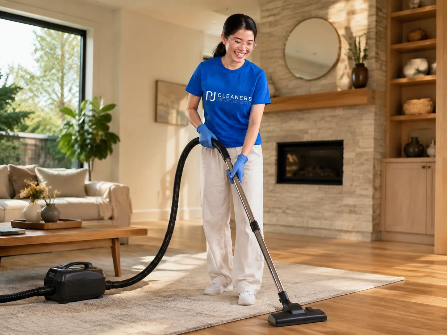 Professional cleaner performing quality inspection in a spacious living room
